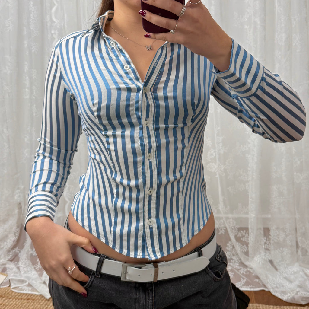Blue and white striped vintage shiny shirt