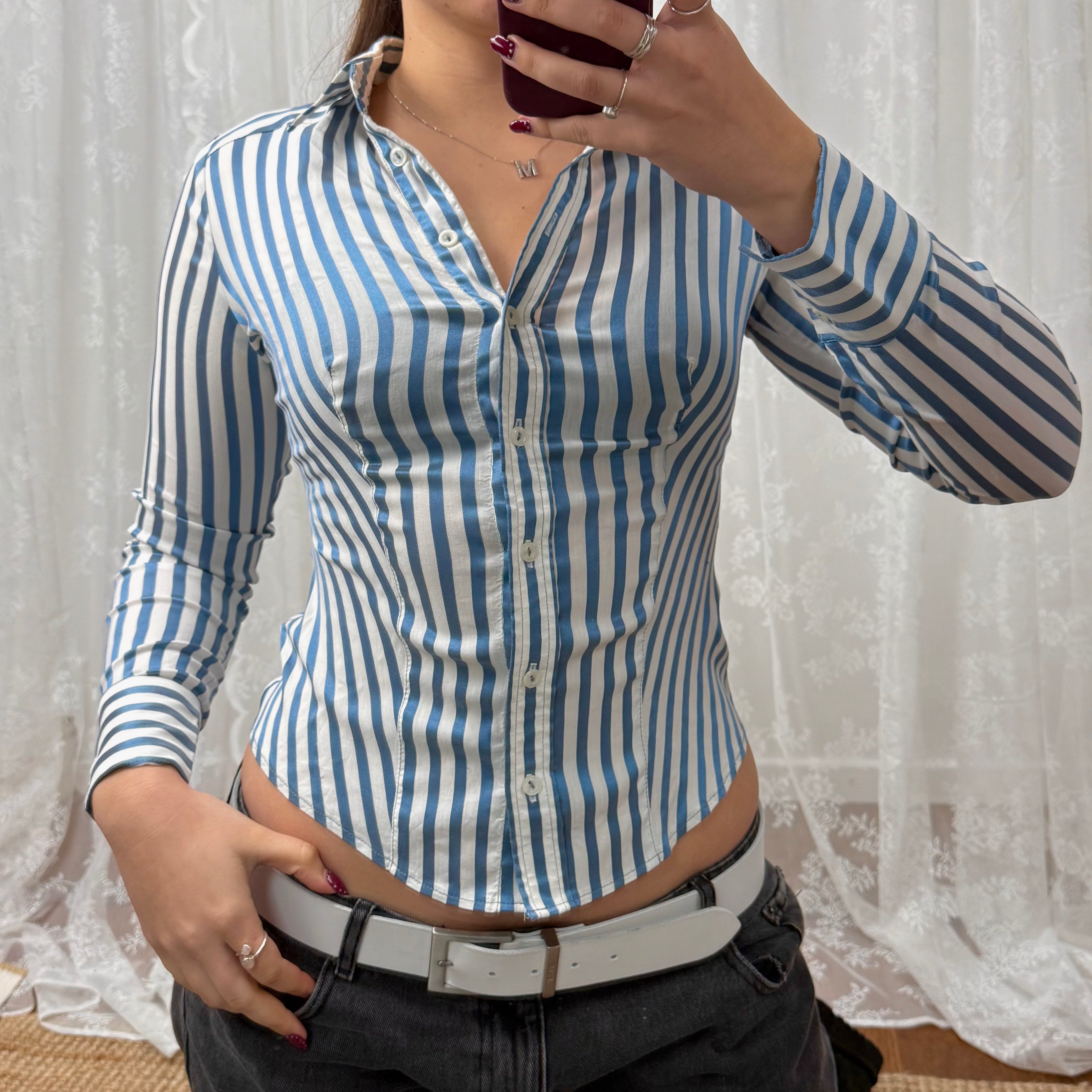 Blue and white striped vintage shiny shirt