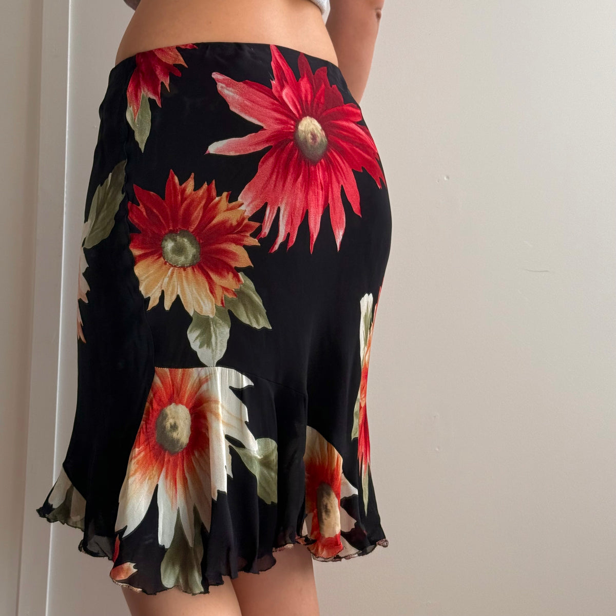 Black floral mesh midi skirt