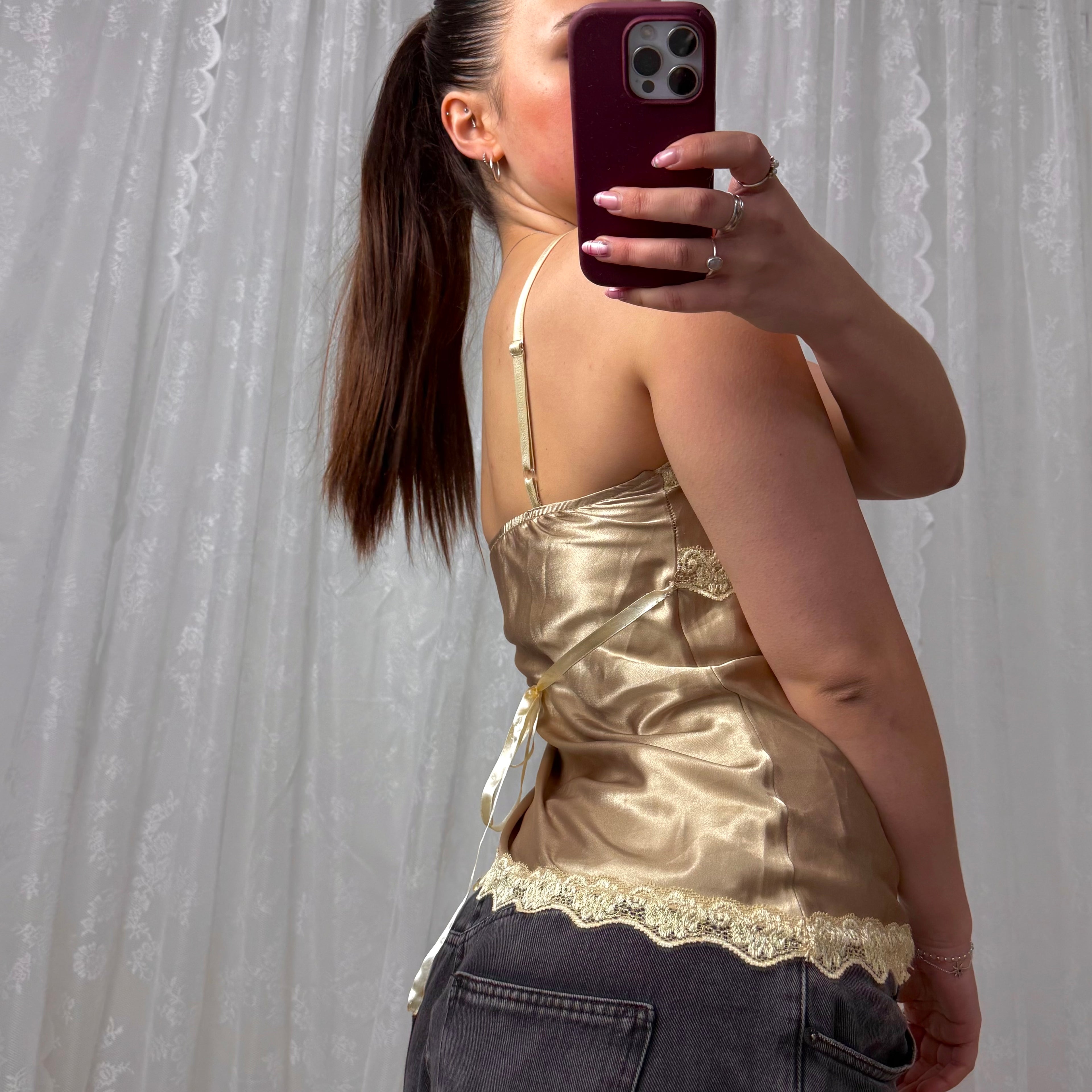 Gold satin and lace trim cami top with tie at the back