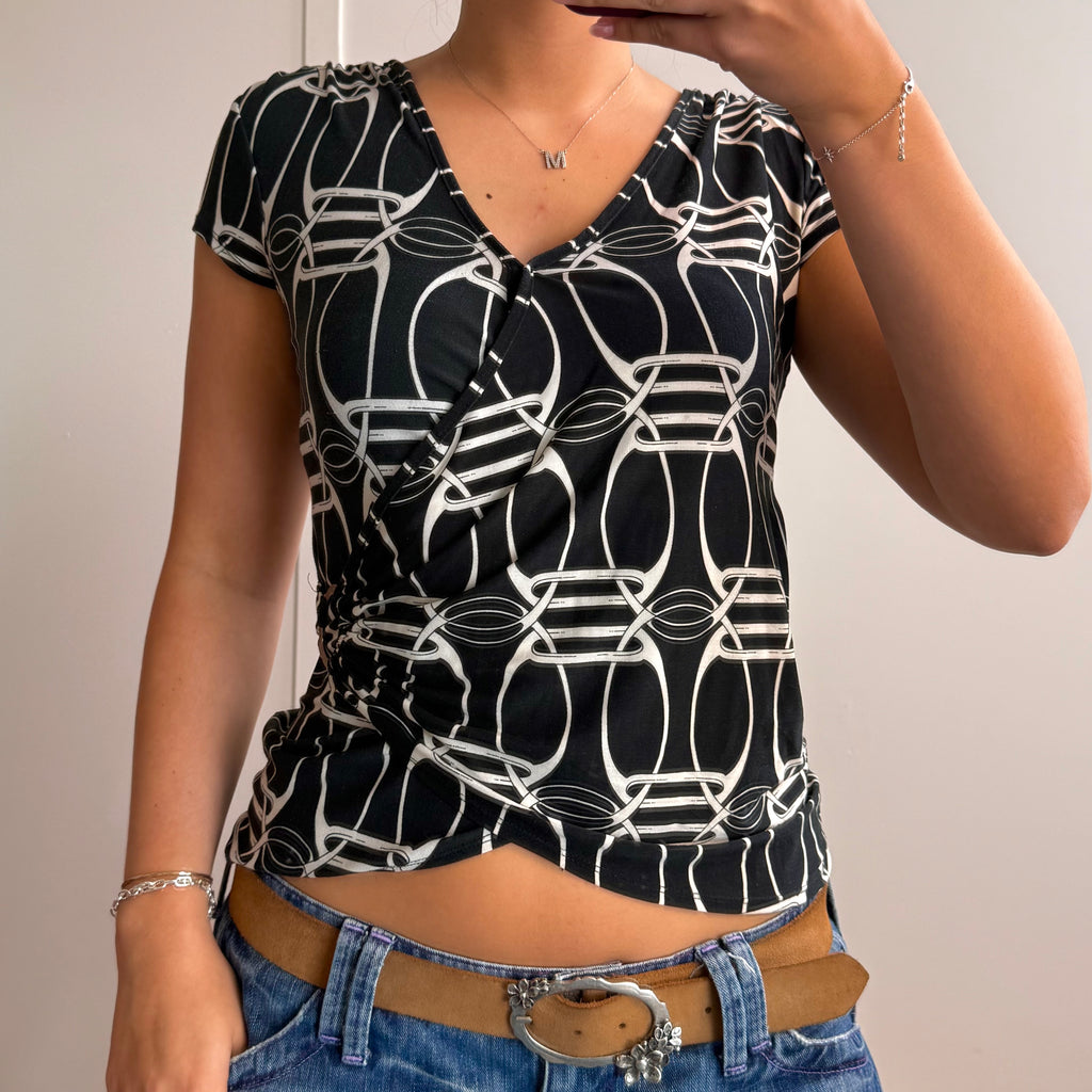 Black and white detailed wrap top