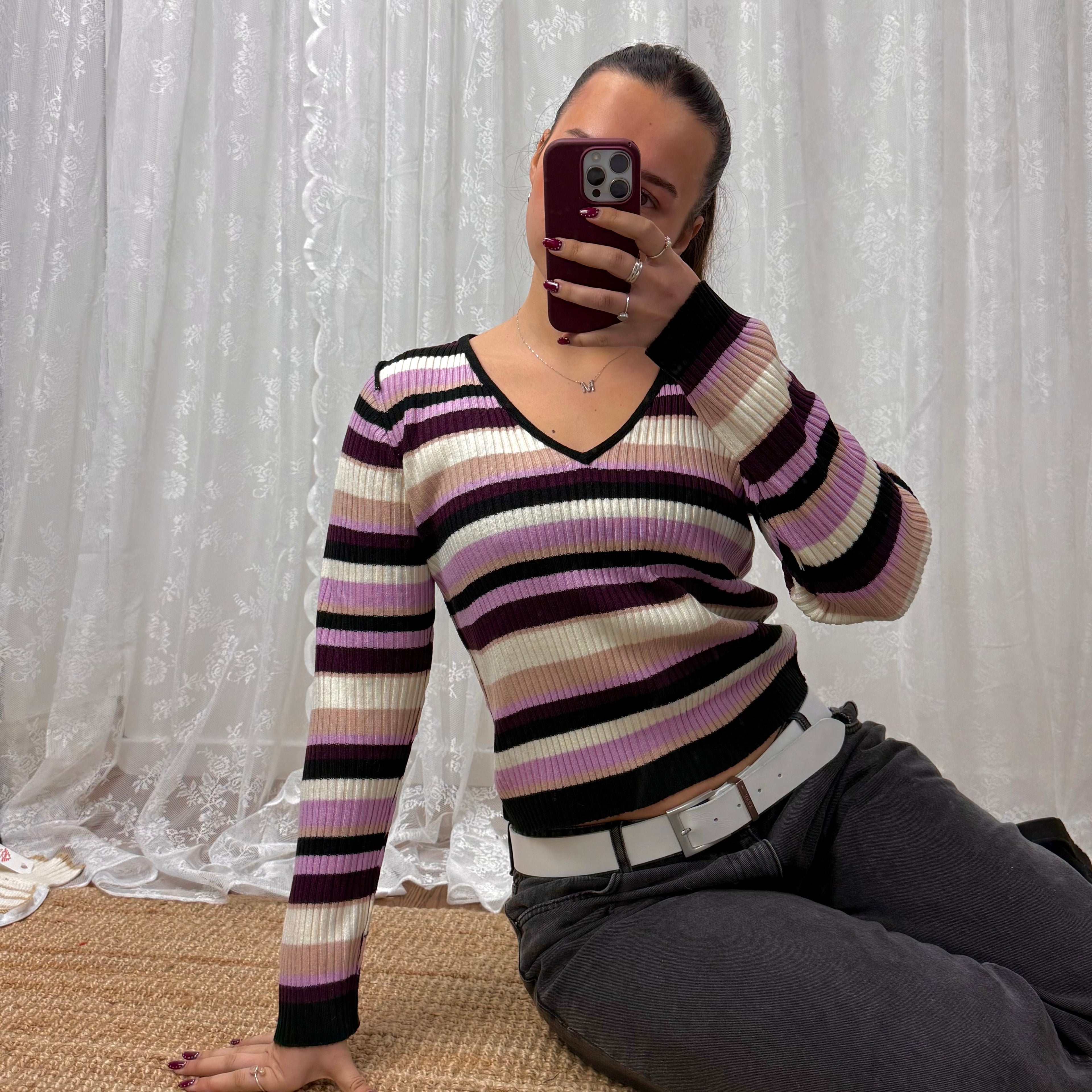 Pink and purple striped v neck sweater