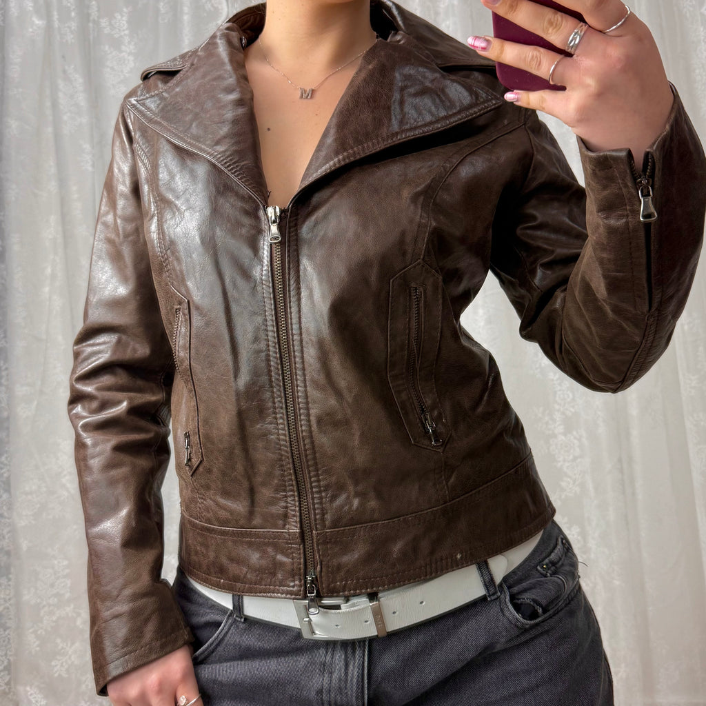 Brown leather collared double zip jacket