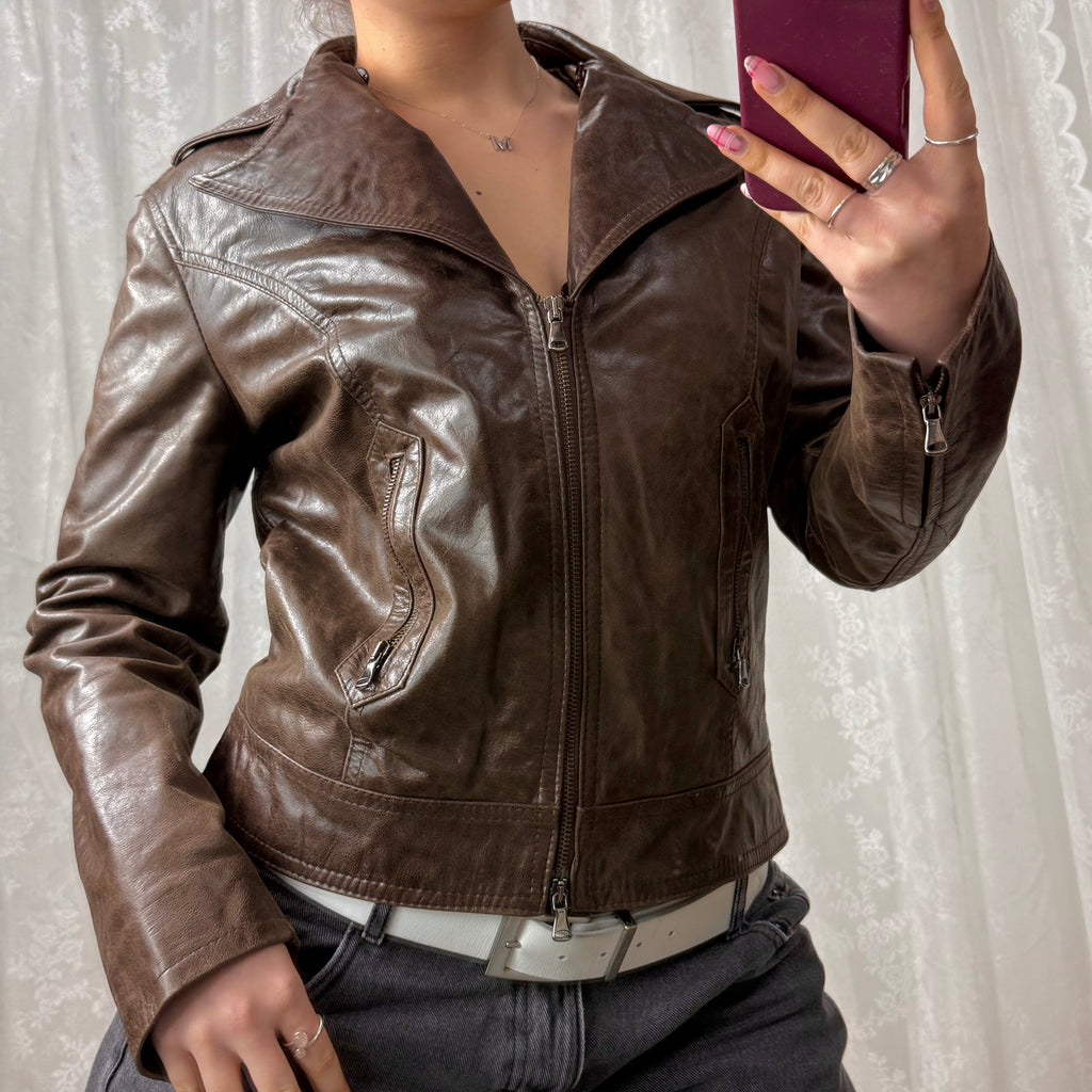 Brown leather collared double zip jacket