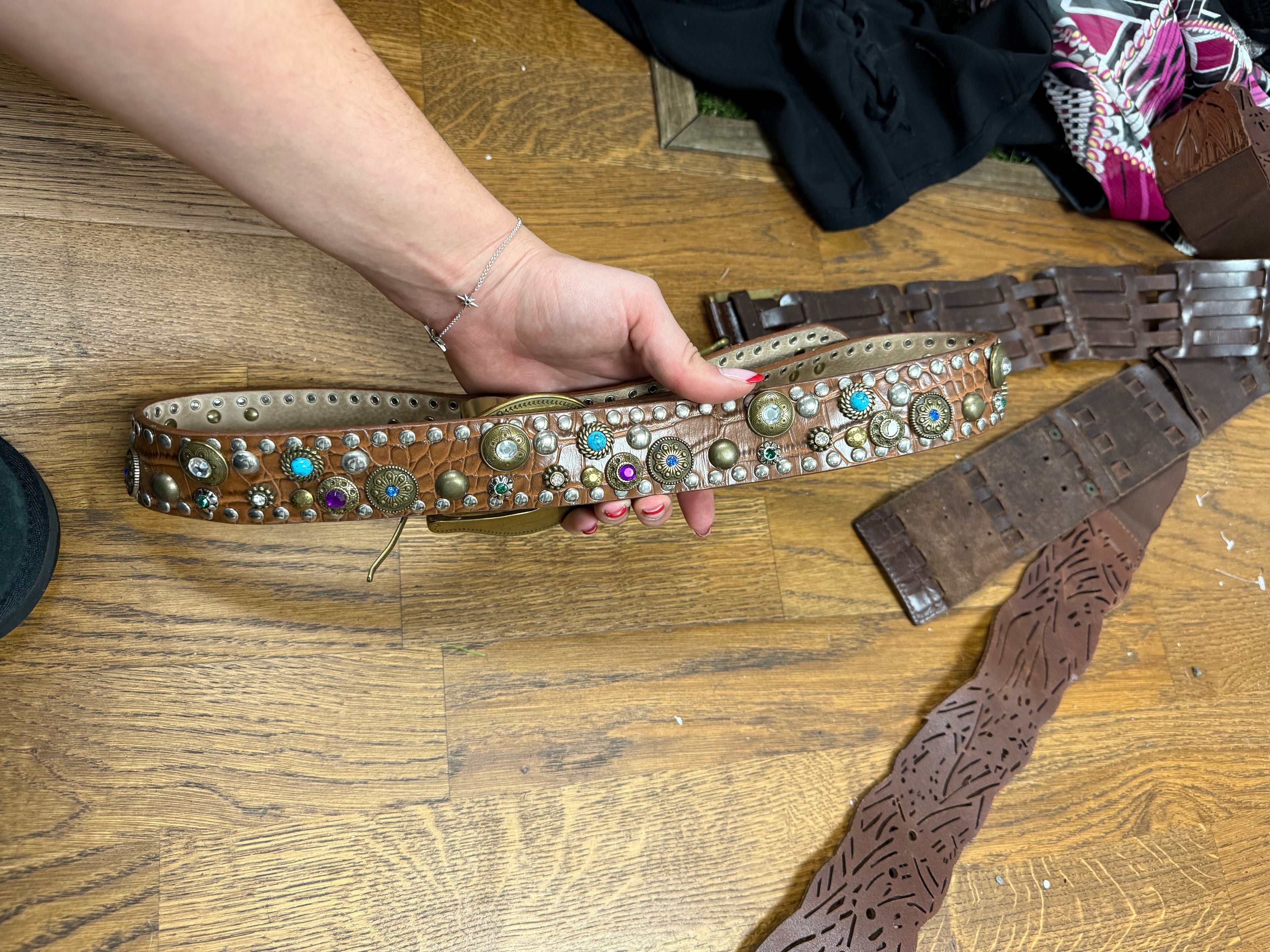 Brown gem buckle belt