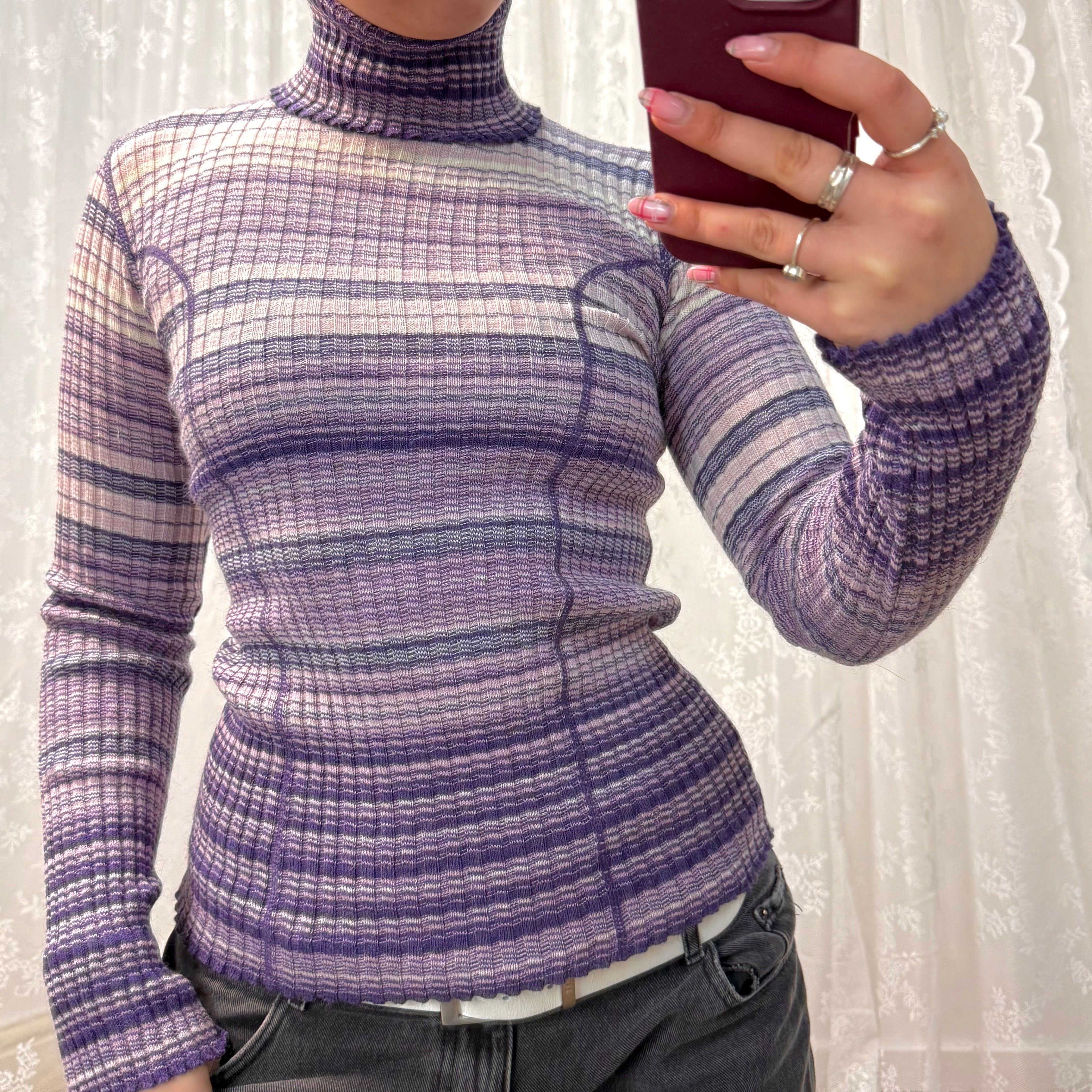 Purple and white wool blend turtleneck