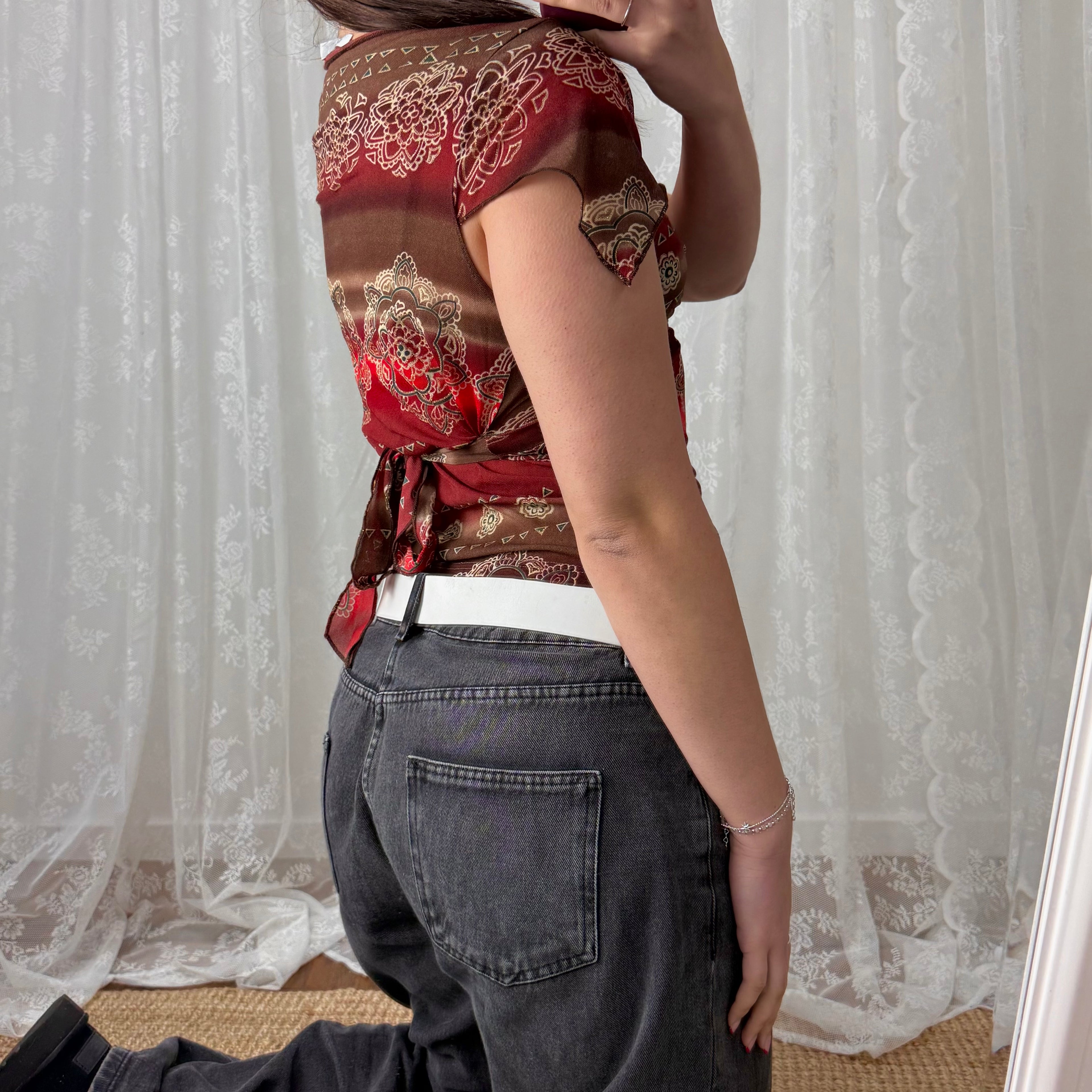 Red mesh glittery patterned top with tie back