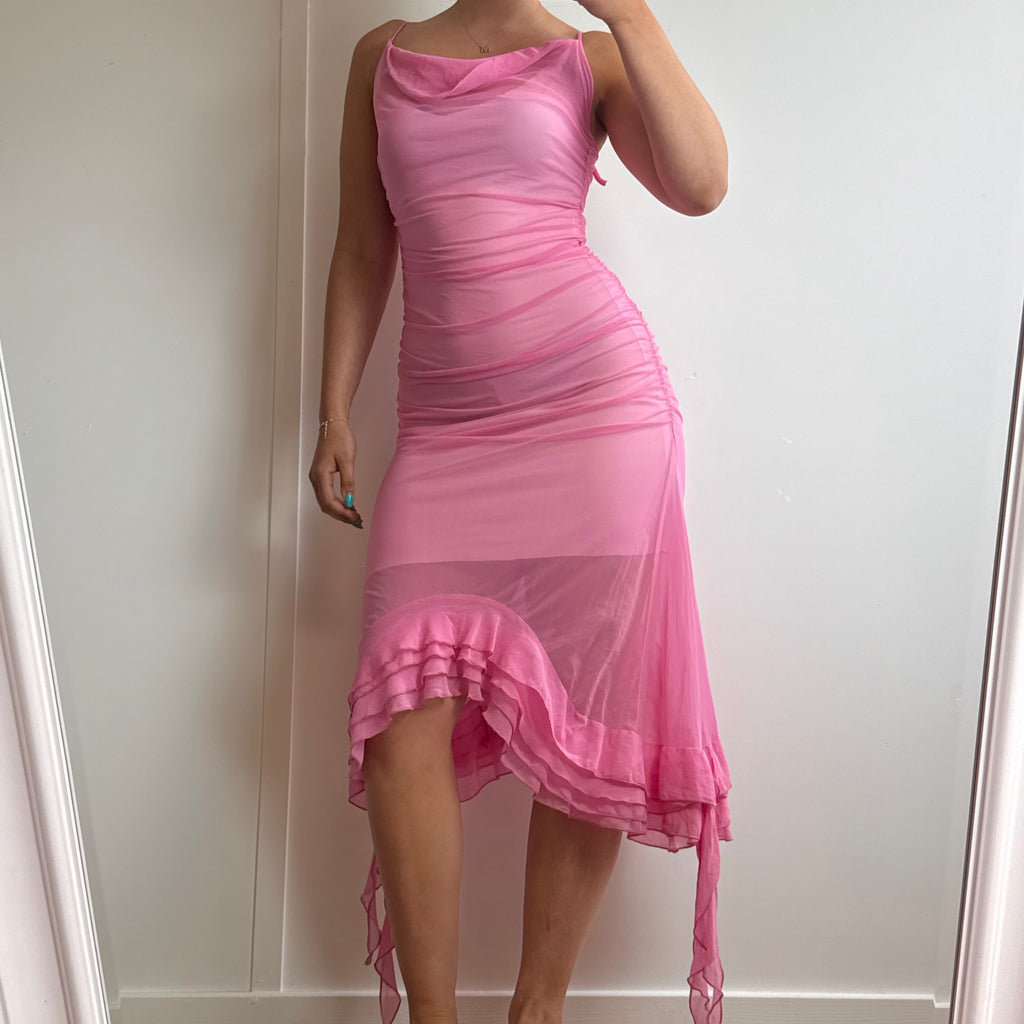 Pink mesh asymmetrical cowl neck dress