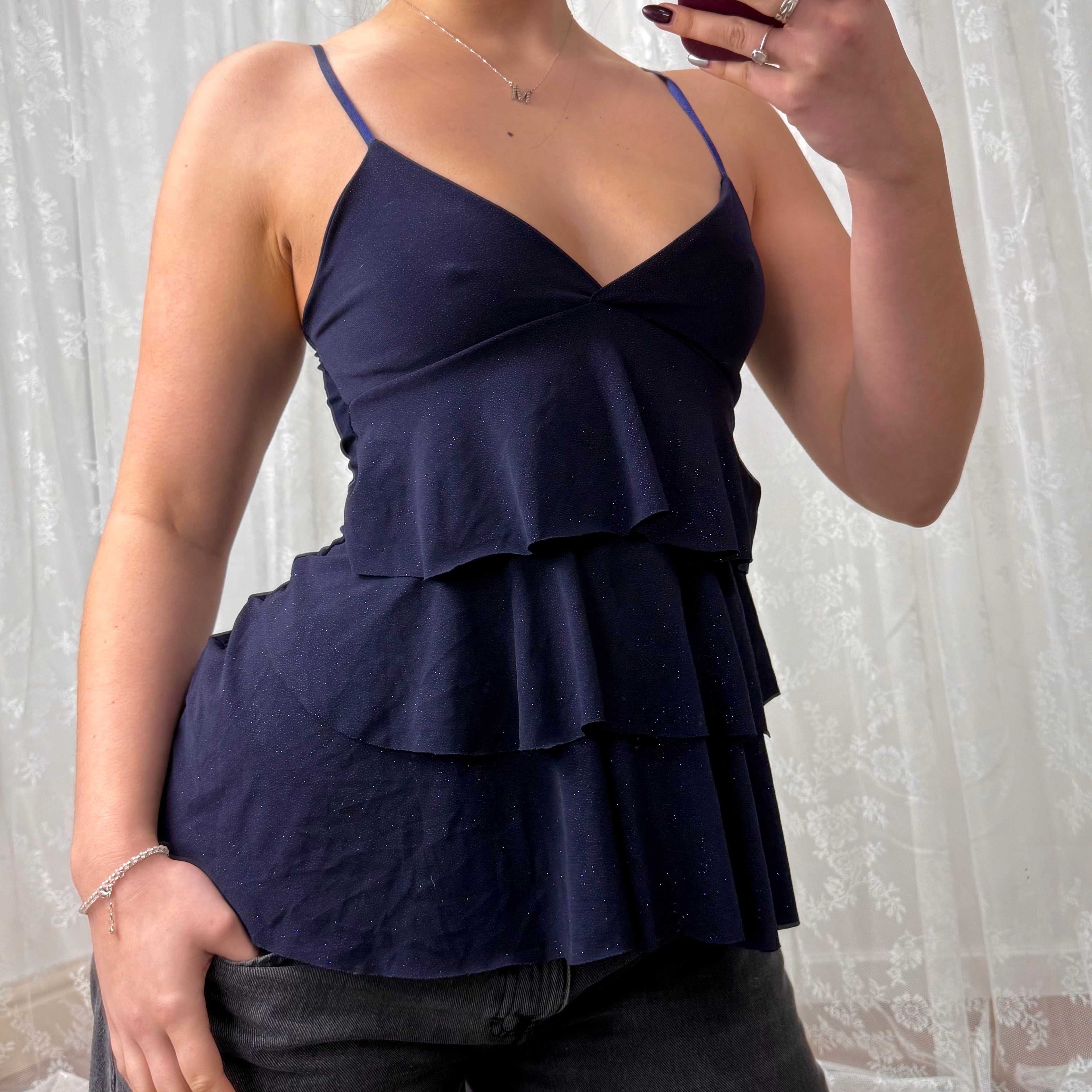 Navy glittery ruffle cami top