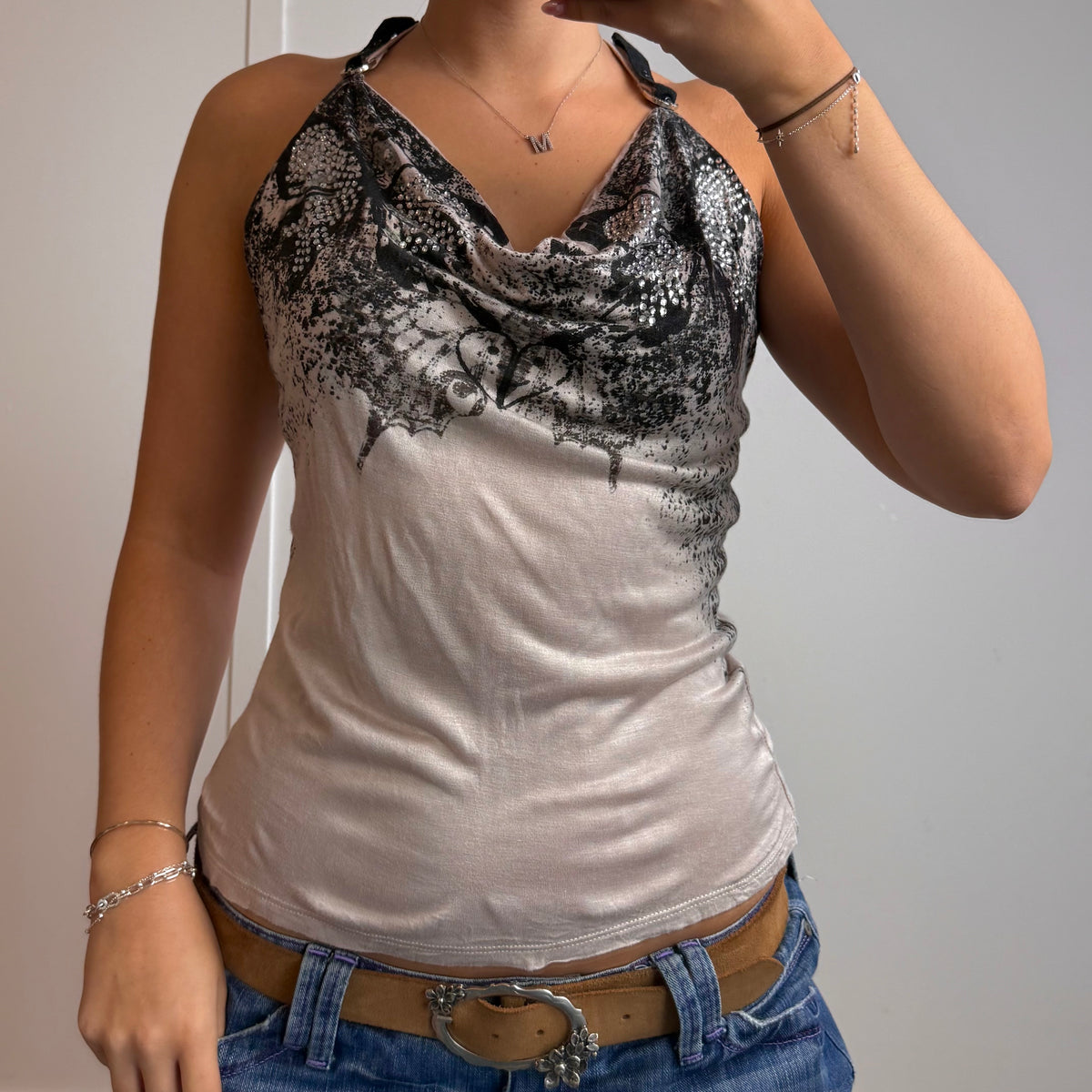 Black and beige cowl neck gem detailed top