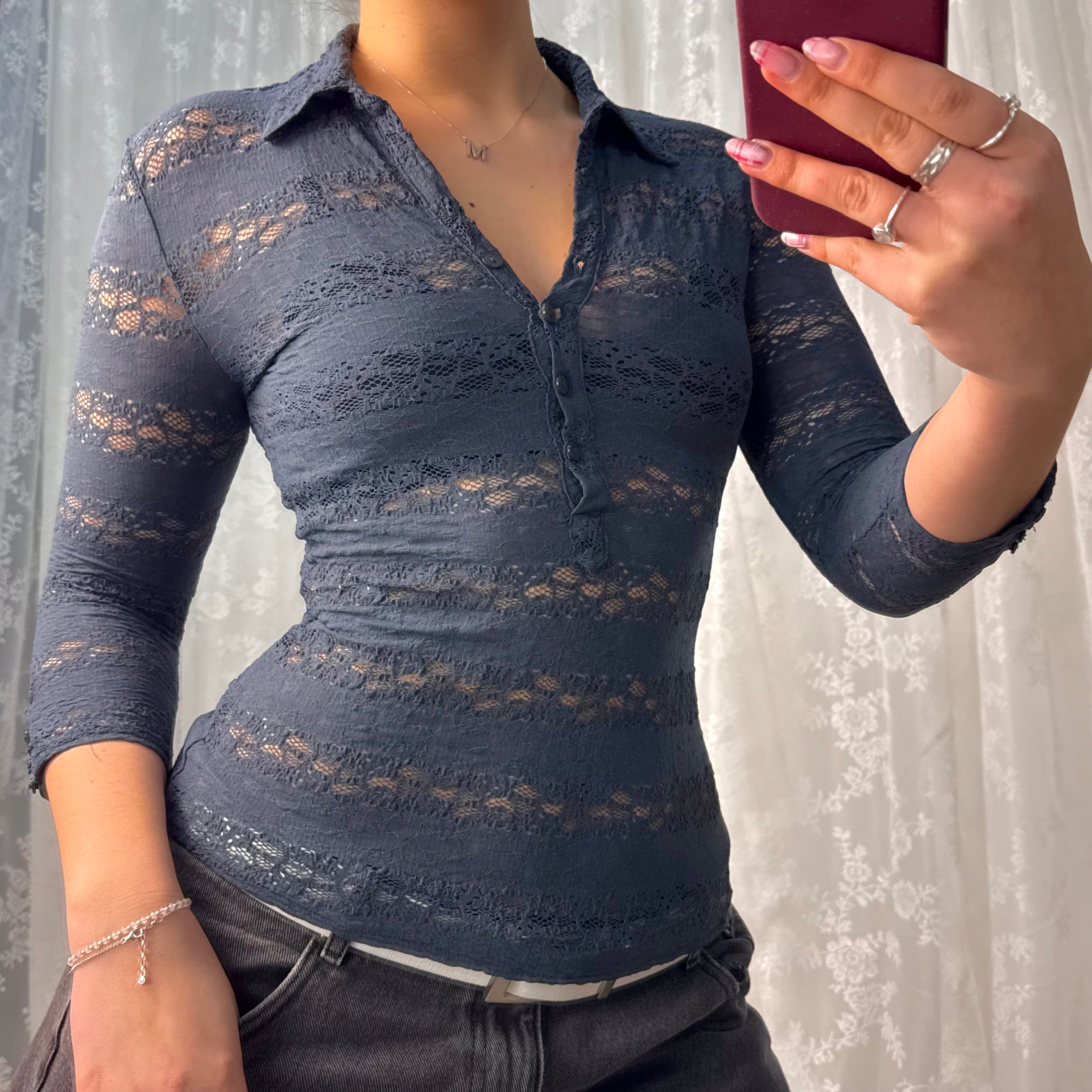 Blue lace button up top