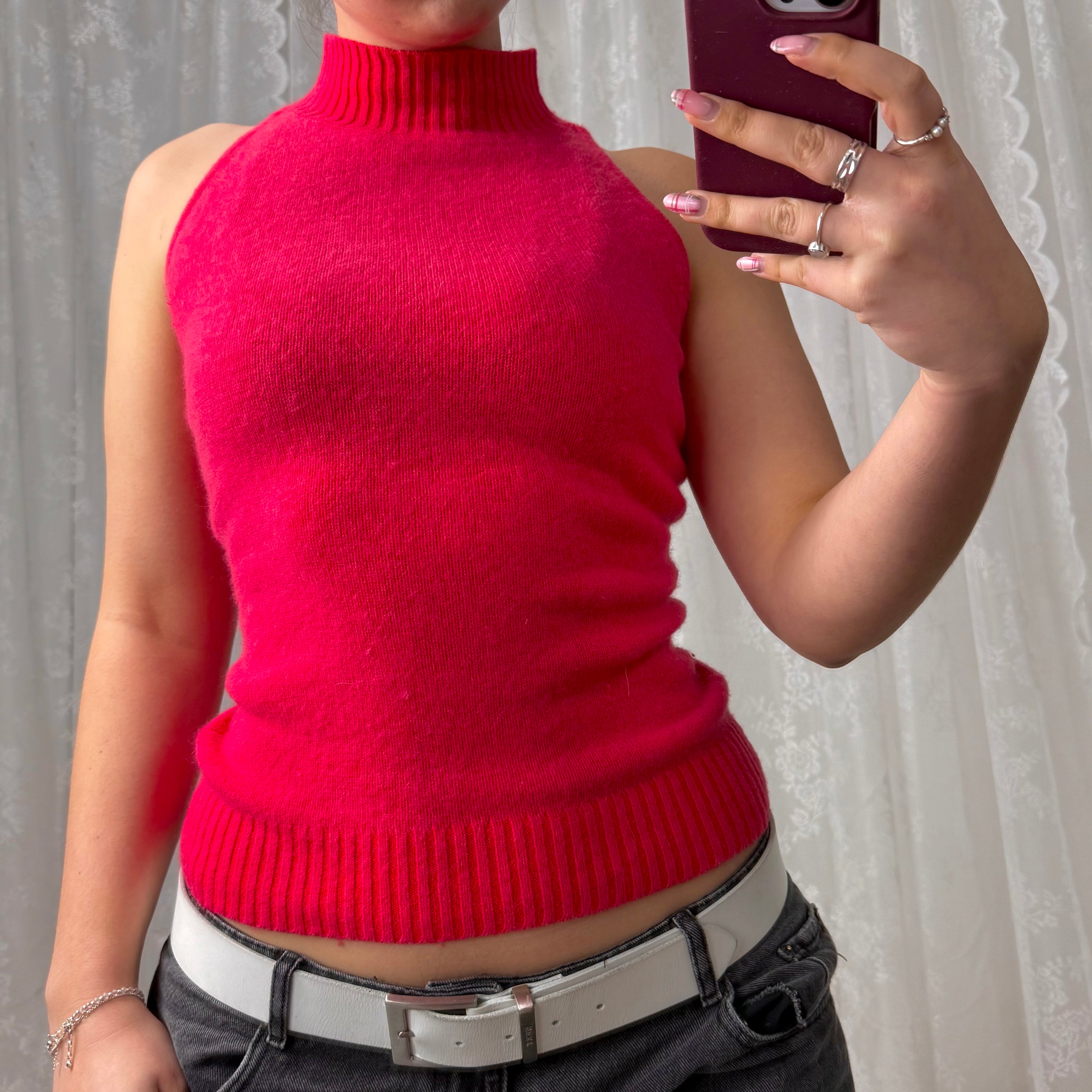Pink wool blend sleeveless turtleneck top