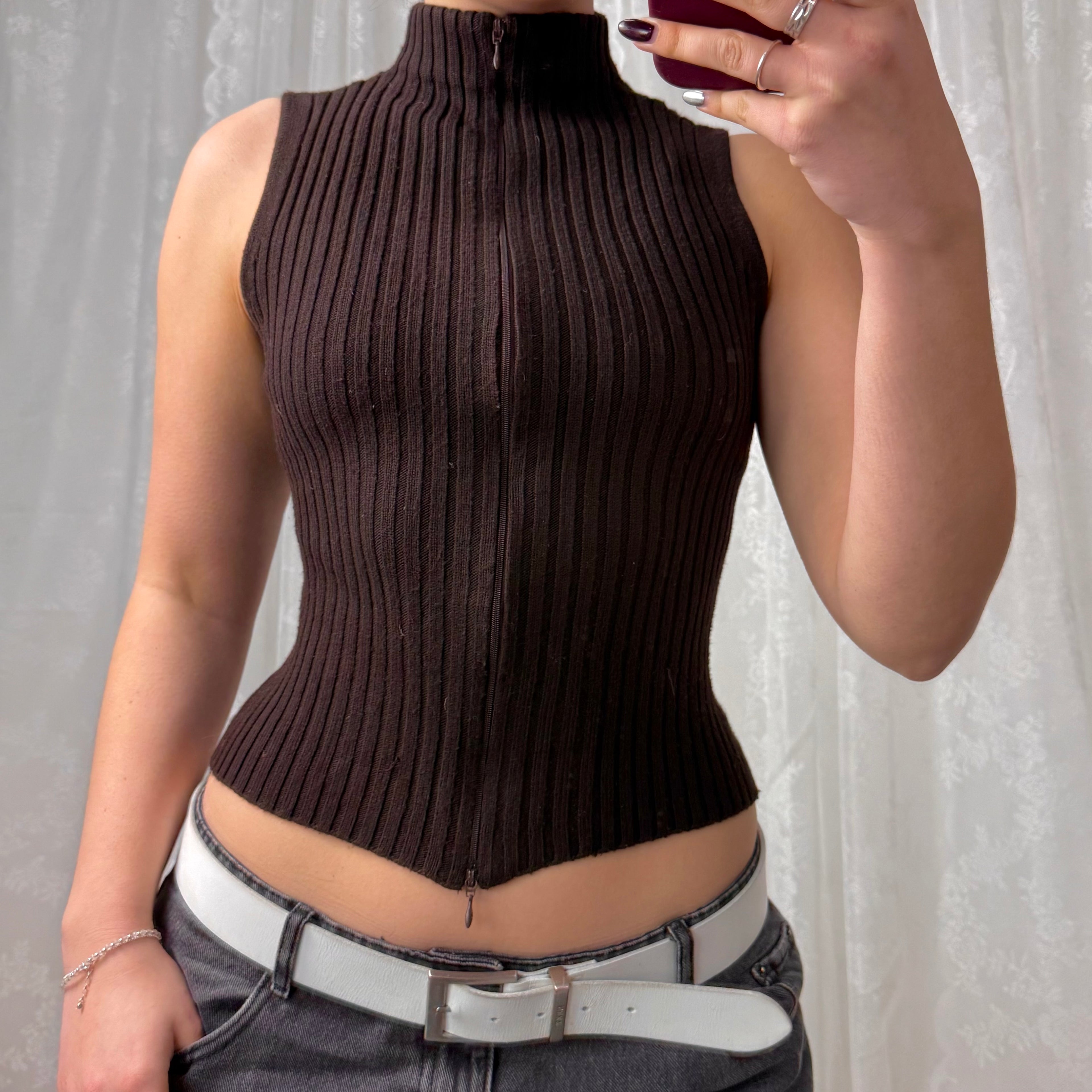 Brown double zip wool blend sleeveless sweater