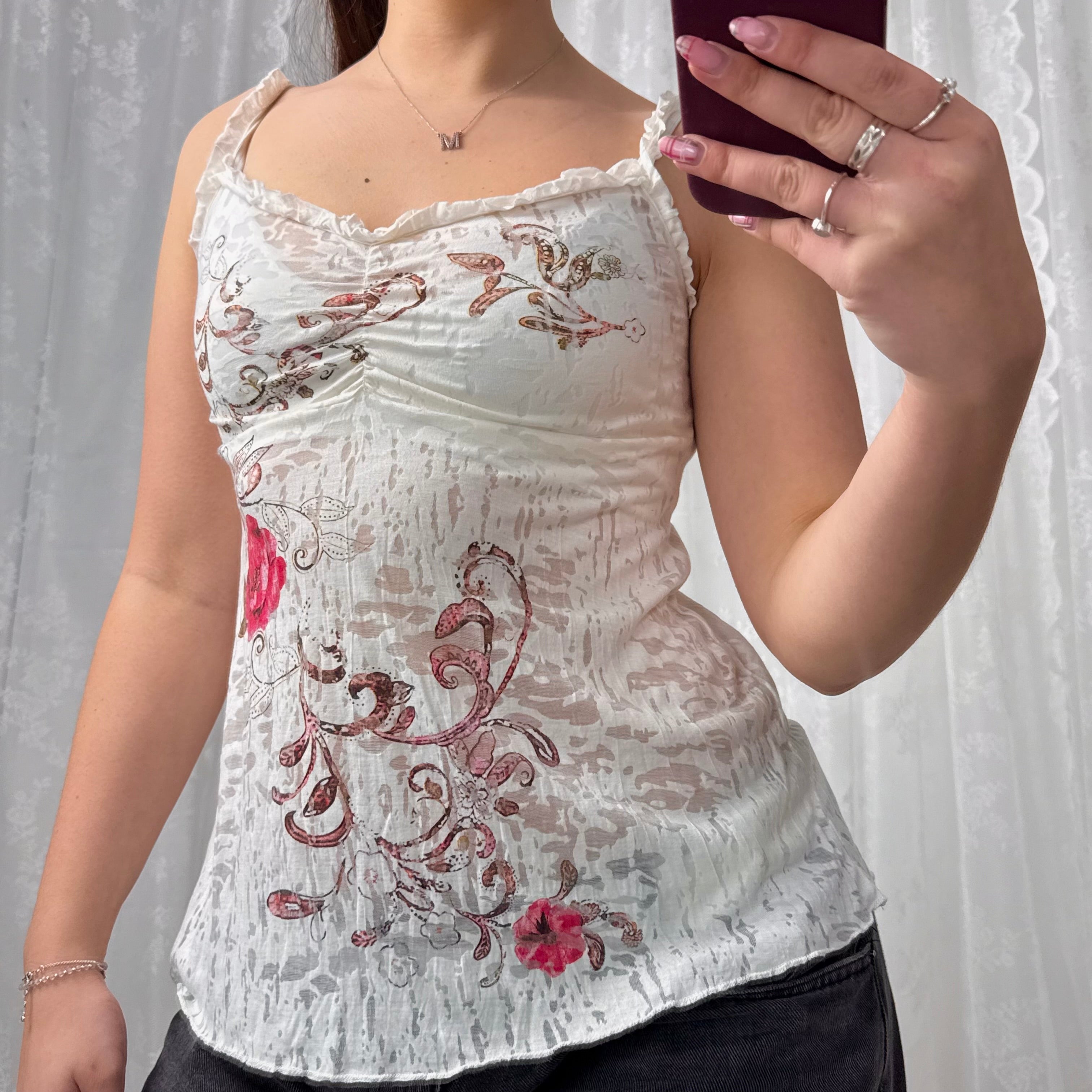 White patterned ruffle cami top with patterned detail