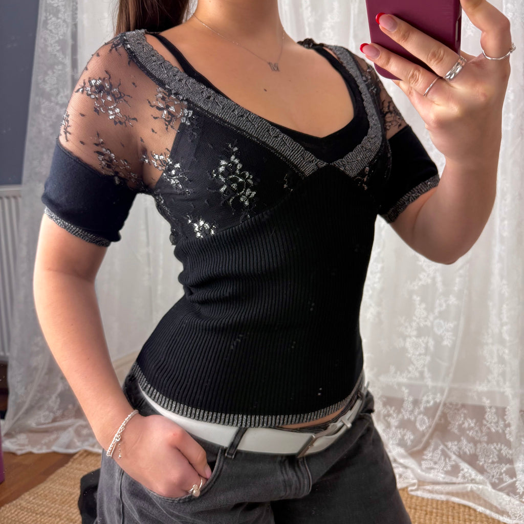 Black layered mesh glittery top