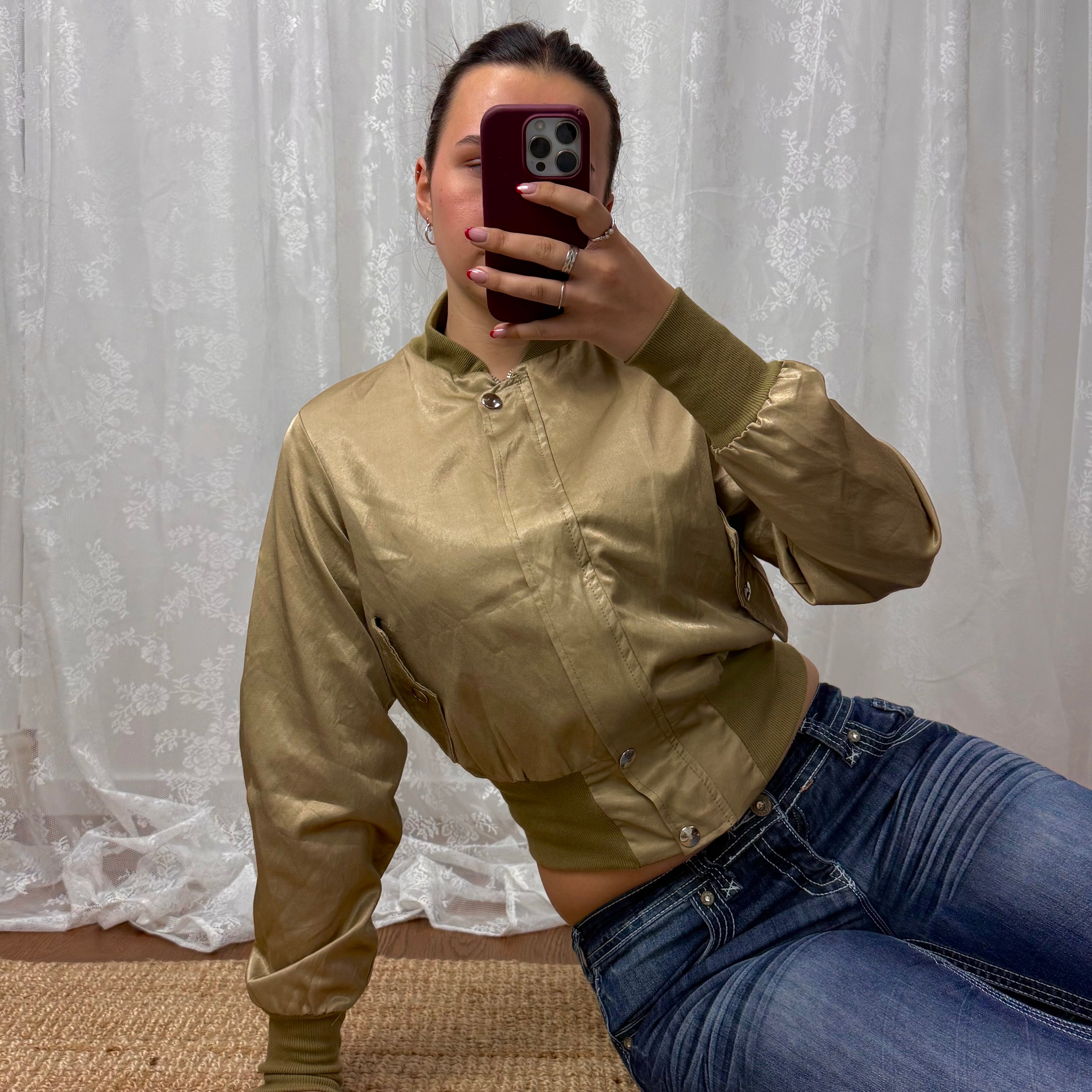 Green shiny satin bomber jacket