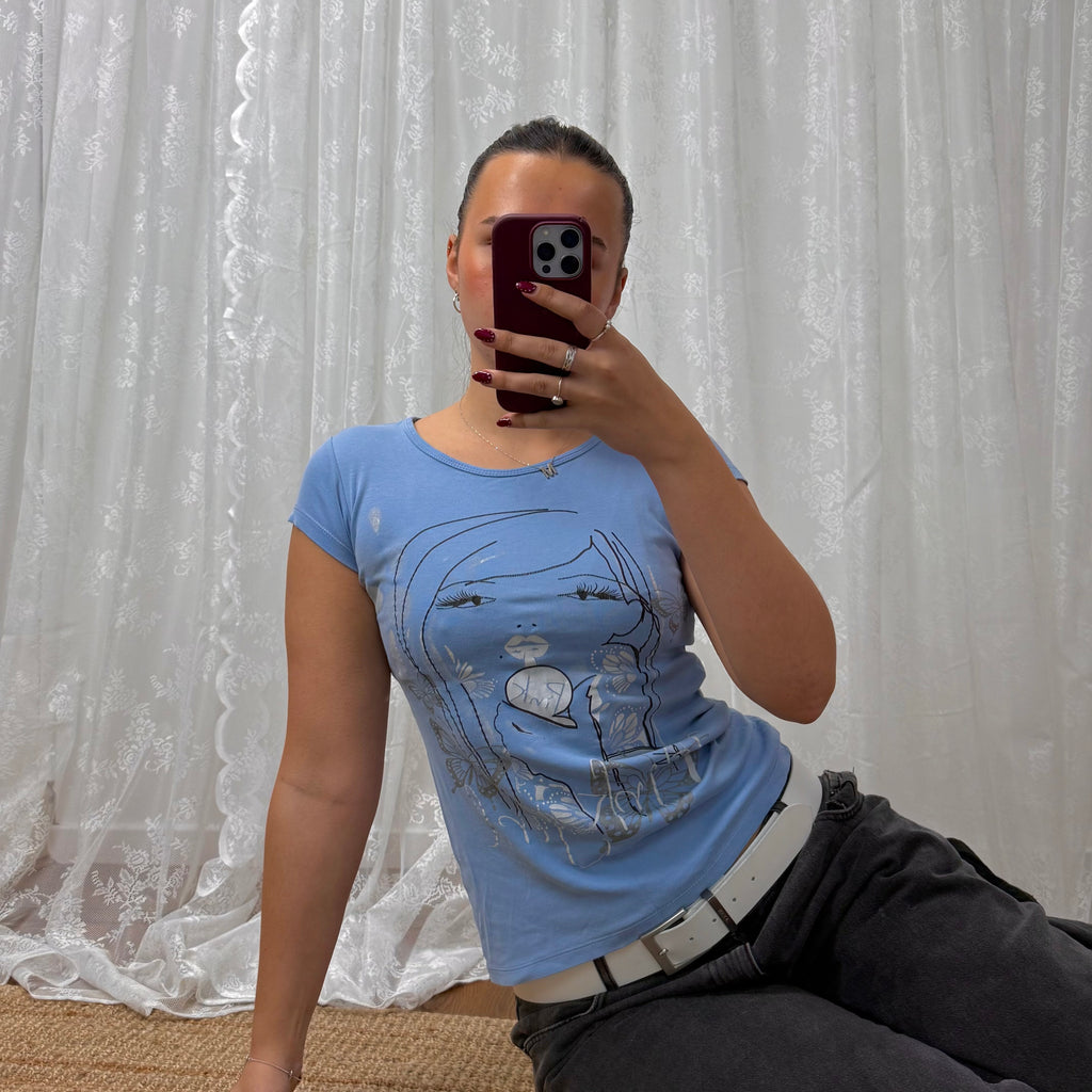 Blue and silver graphic baby tee