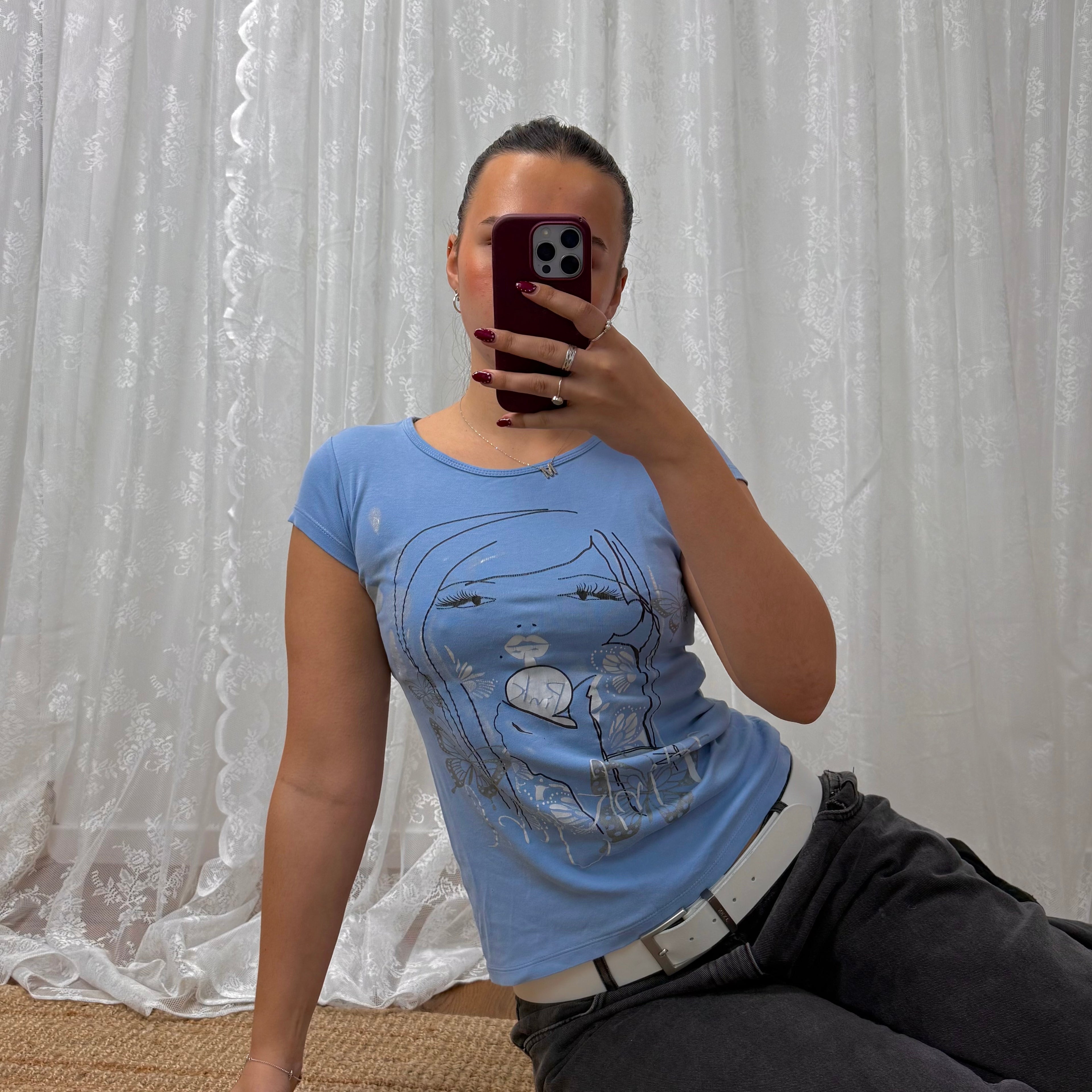 Blue and silver graphic baby tee