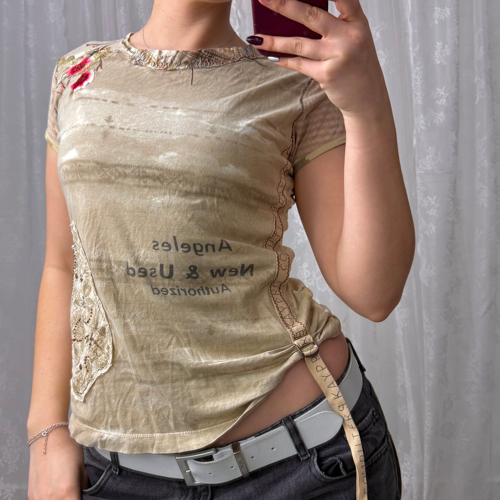 Beige embroided tshirt with ruched detailing