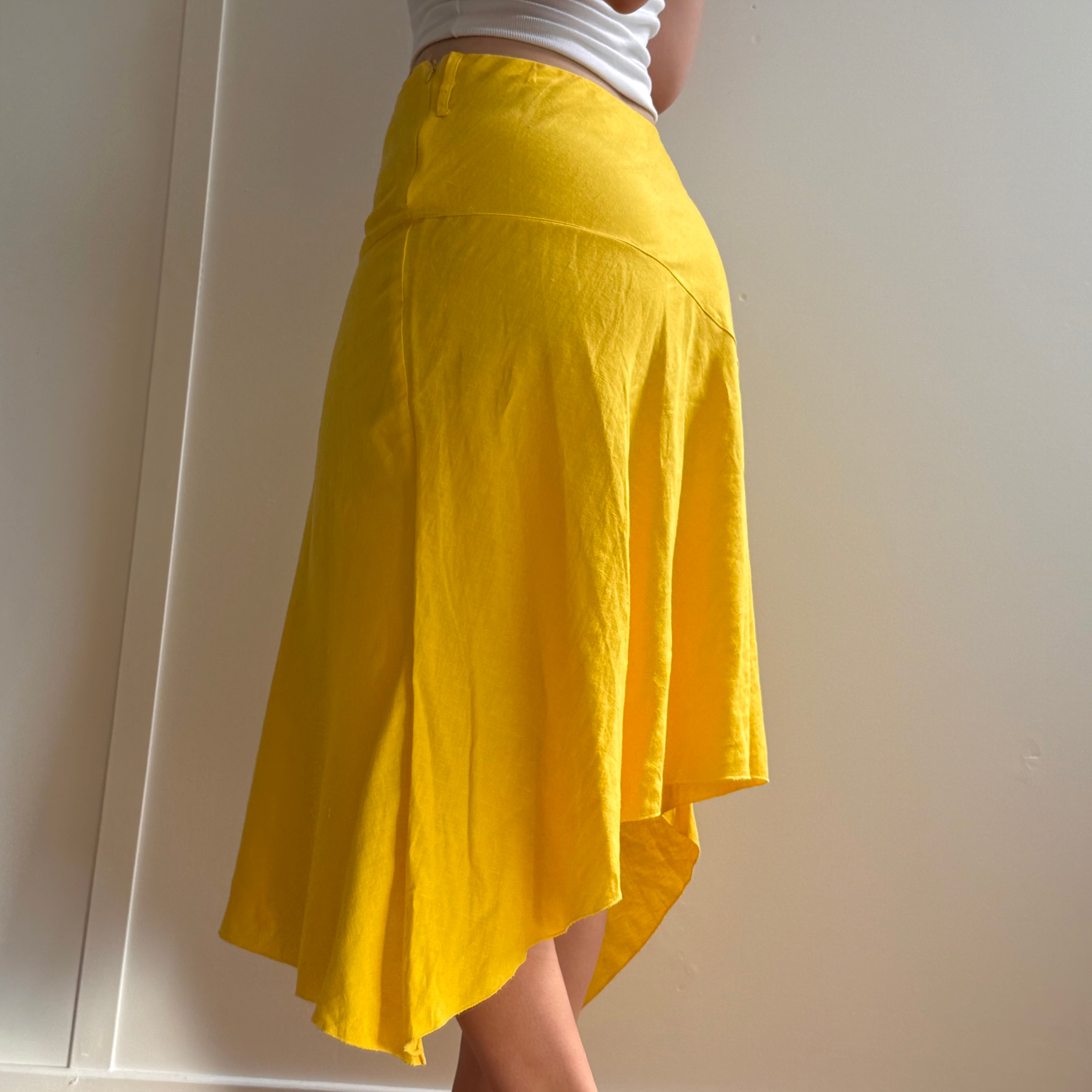 Yellow linen asymmetrical midi skirt