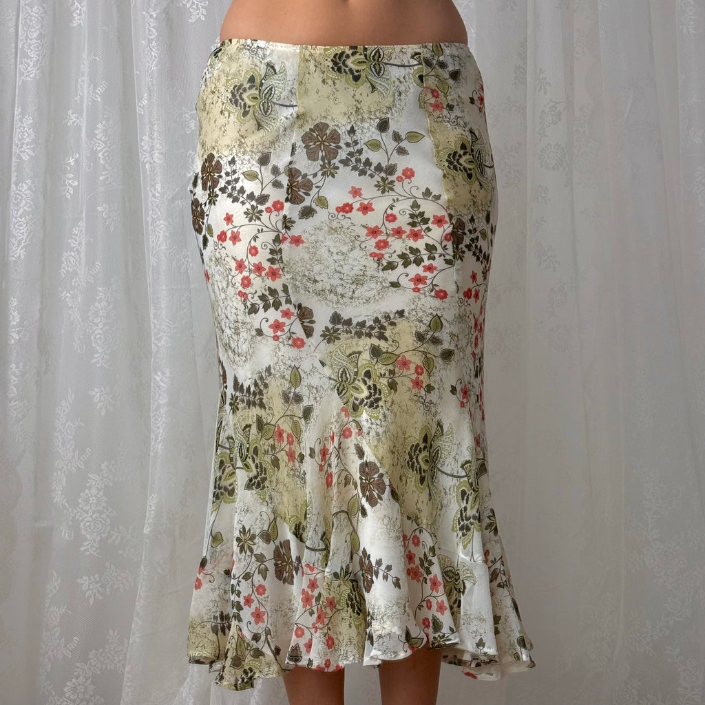 Green and white patterned mesh midi skirt