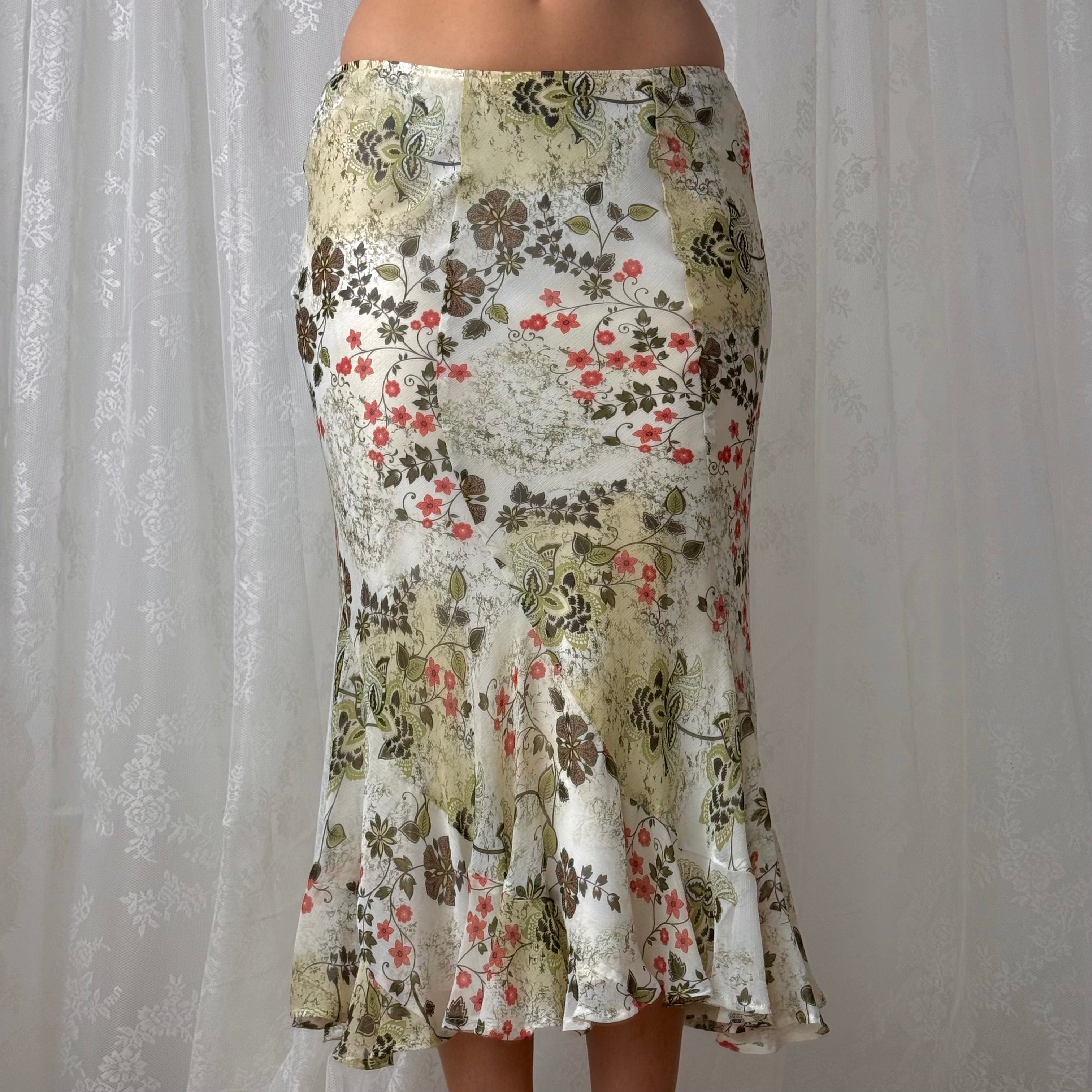 Green and white patterned mesh midi skirt