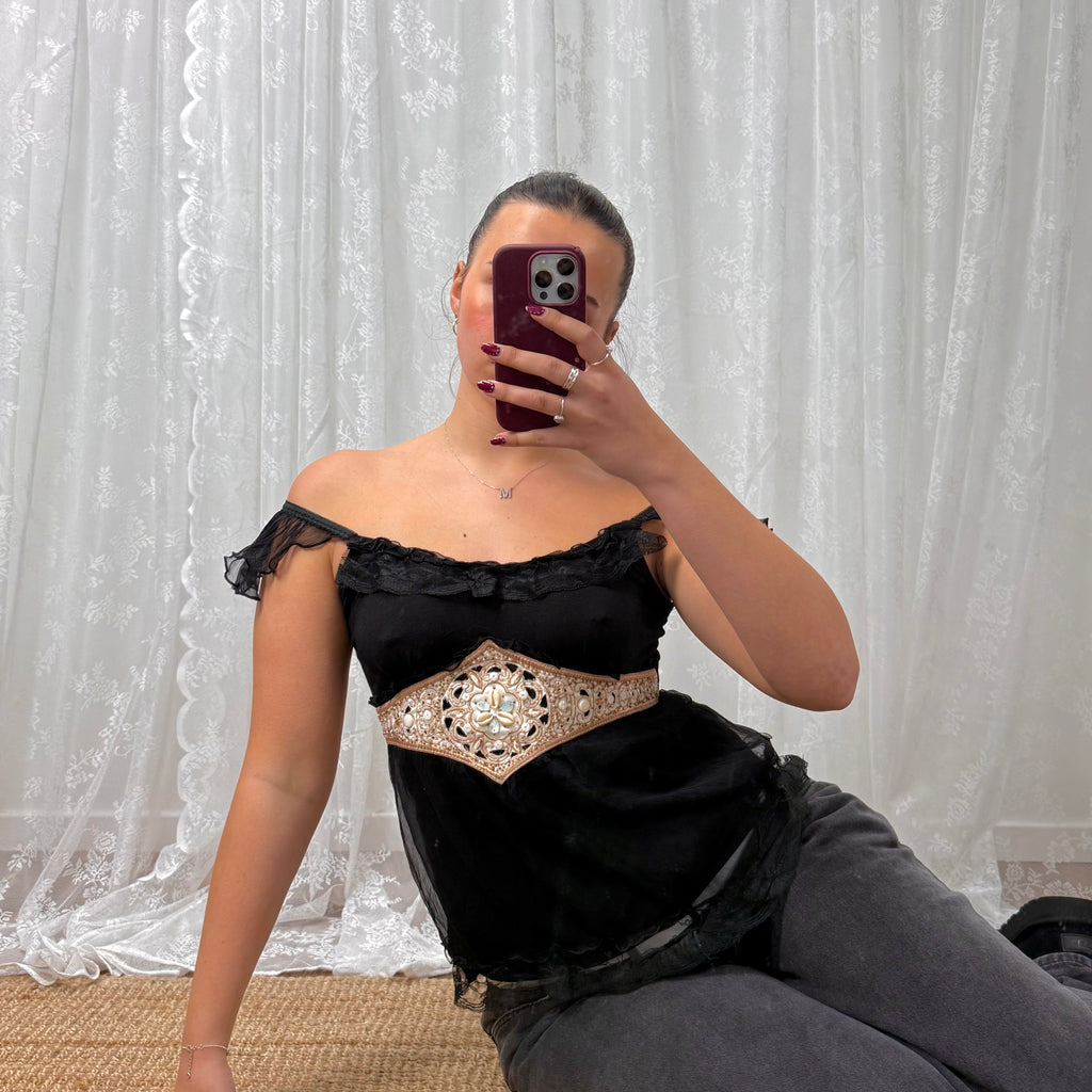 Vintage black ruffle sequin top