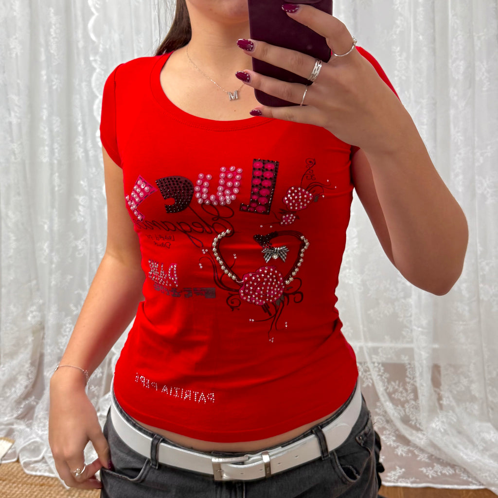 Red detailed sequin baby tee