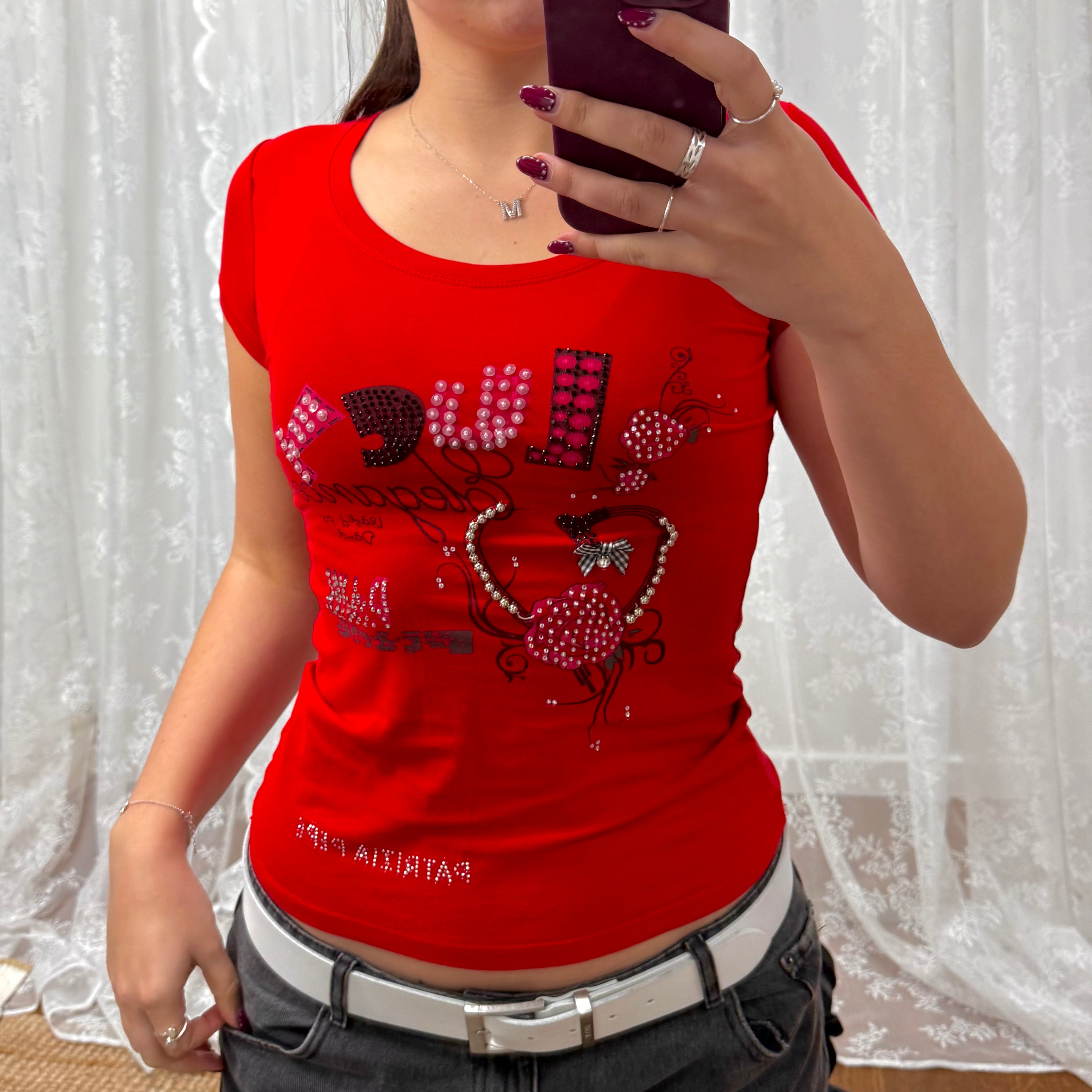 Red detailed sequin baby tee