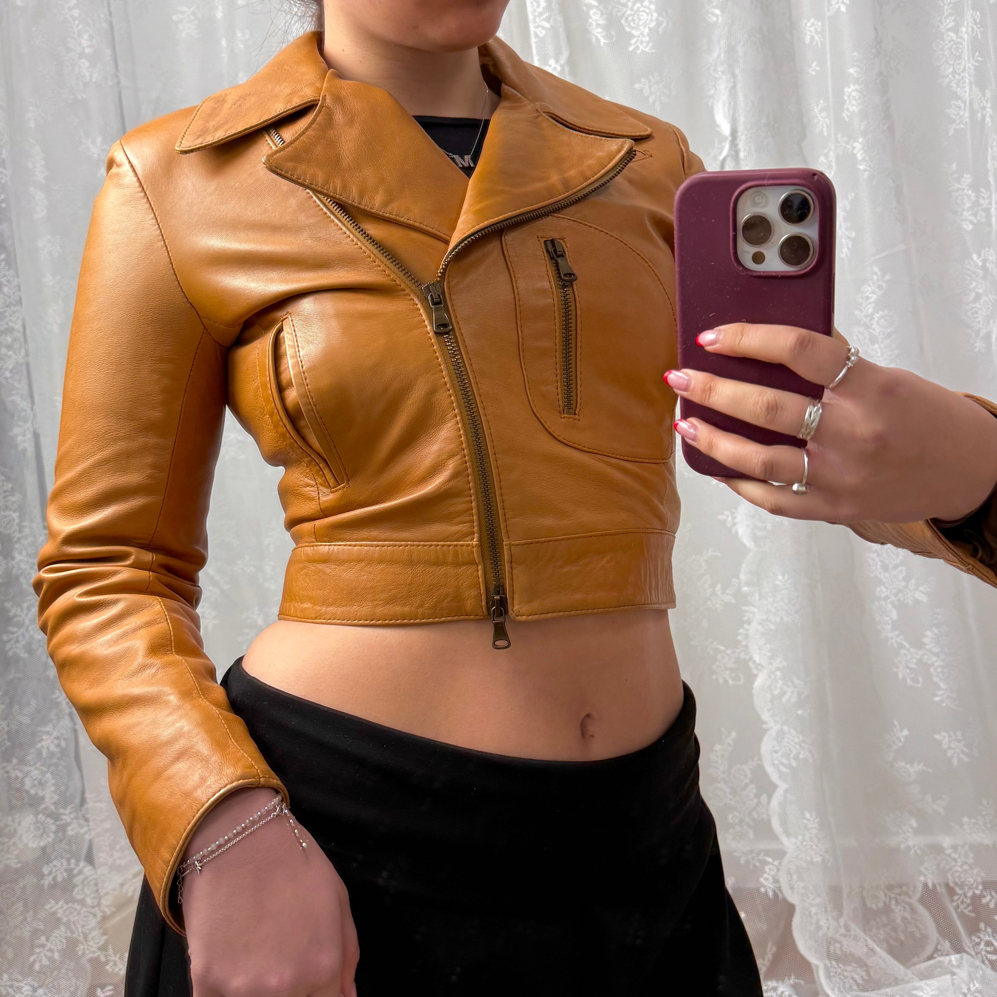 Tan cropped leather jacket with collared detail