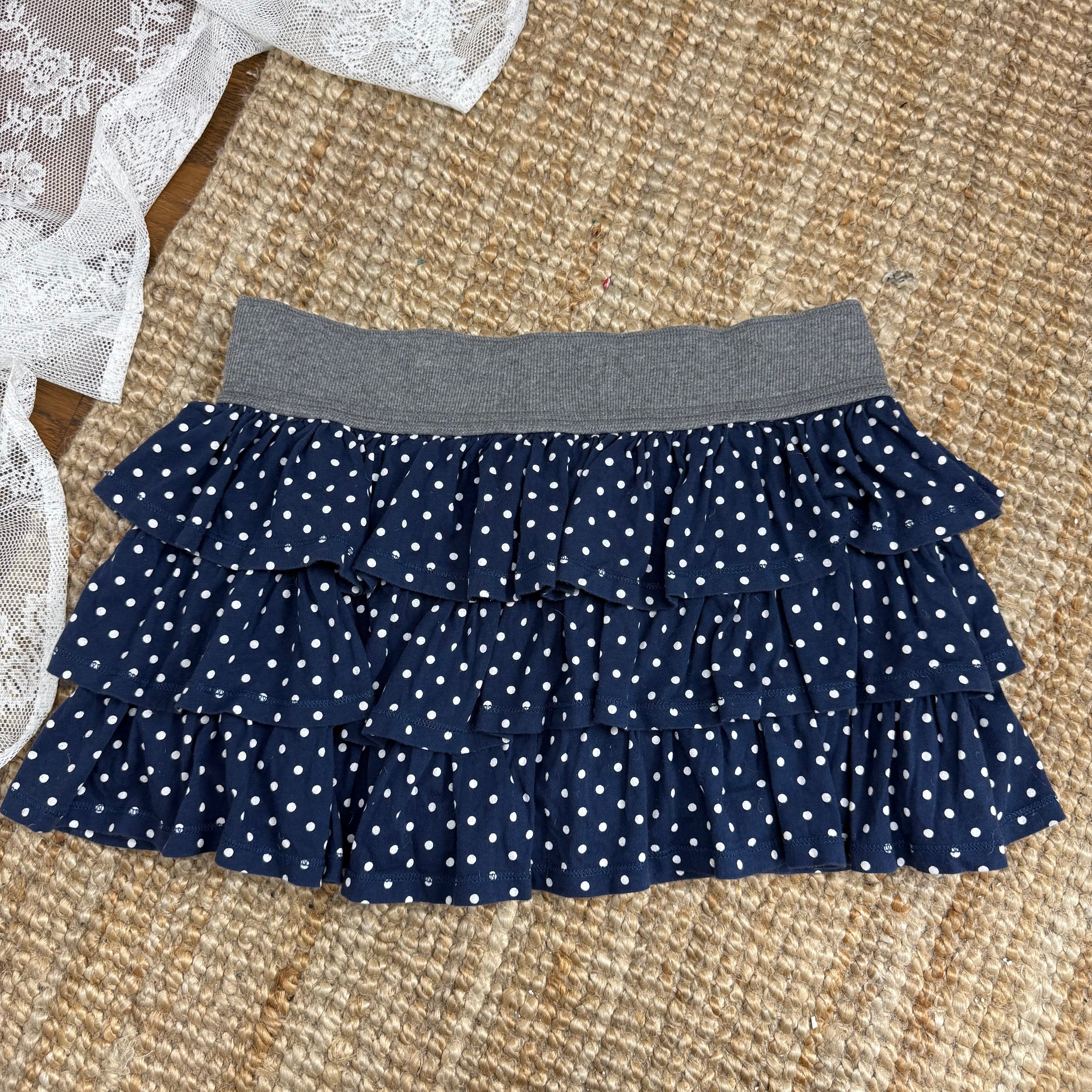 Blue and white polka dot ruffle skirt
