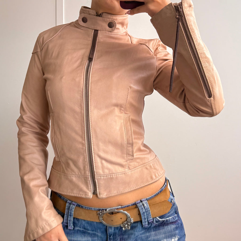 Pale pink/beige leather zip up jacket