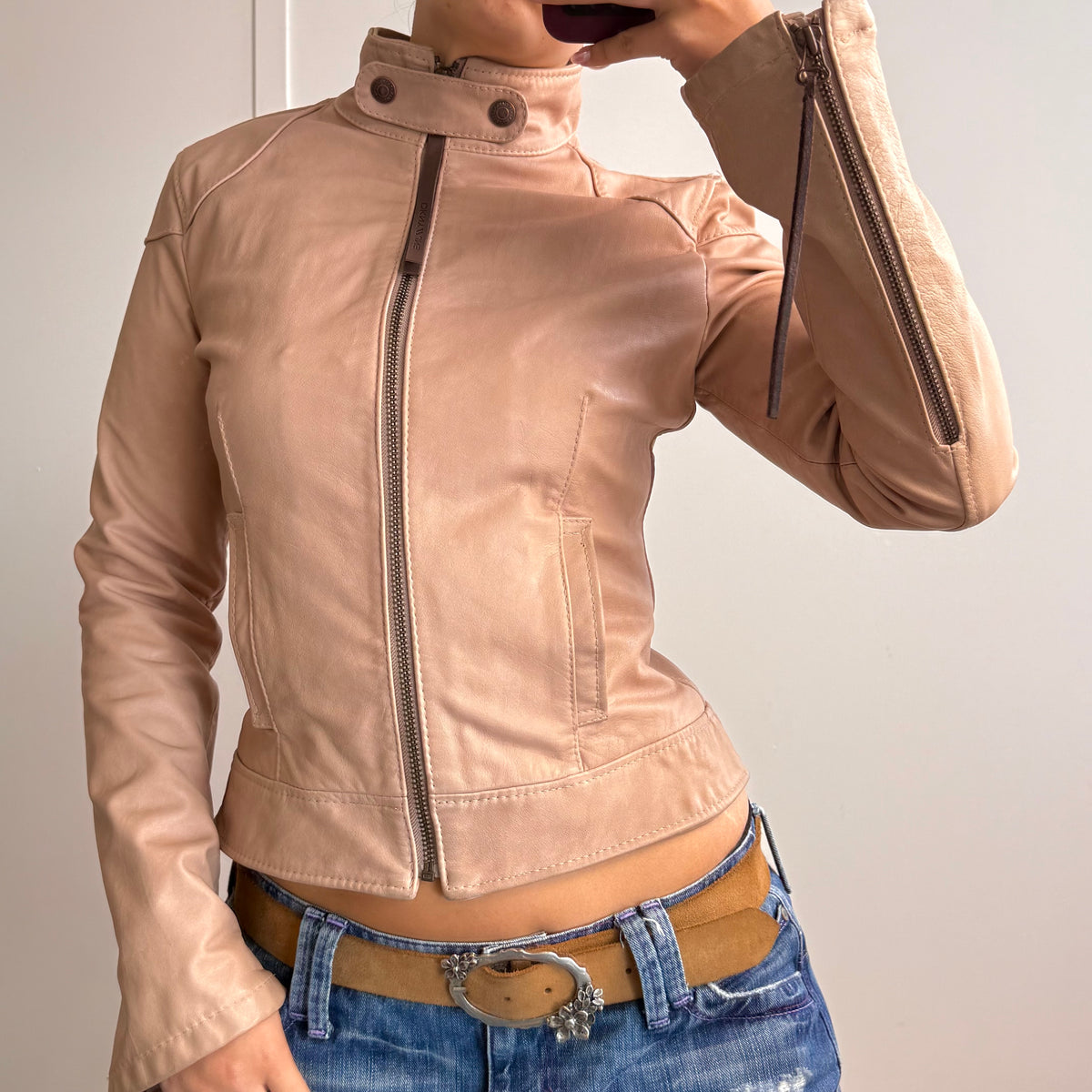 Pale pink/beige leather zip up jacket