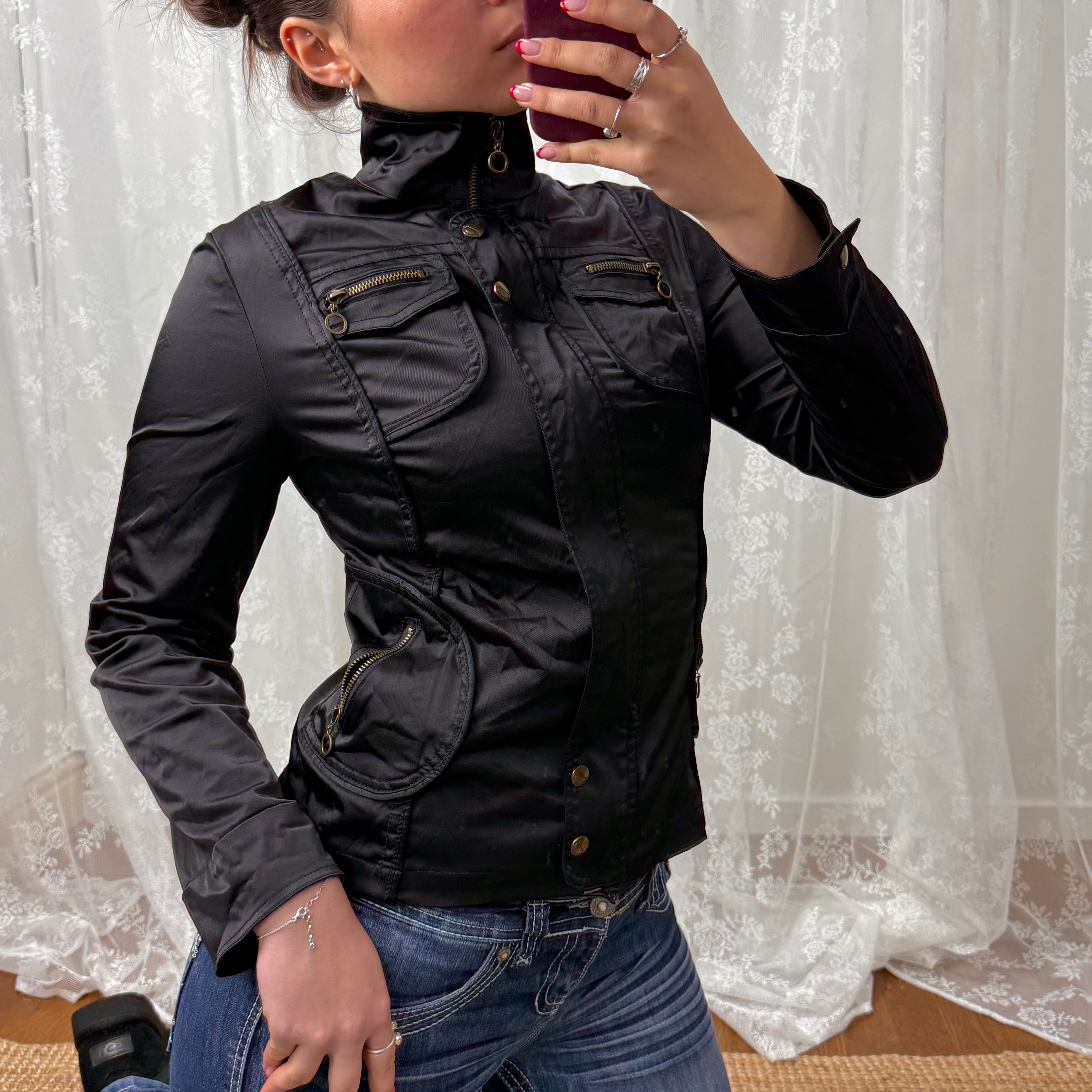 Black and gold shiny zip up cargo jacket