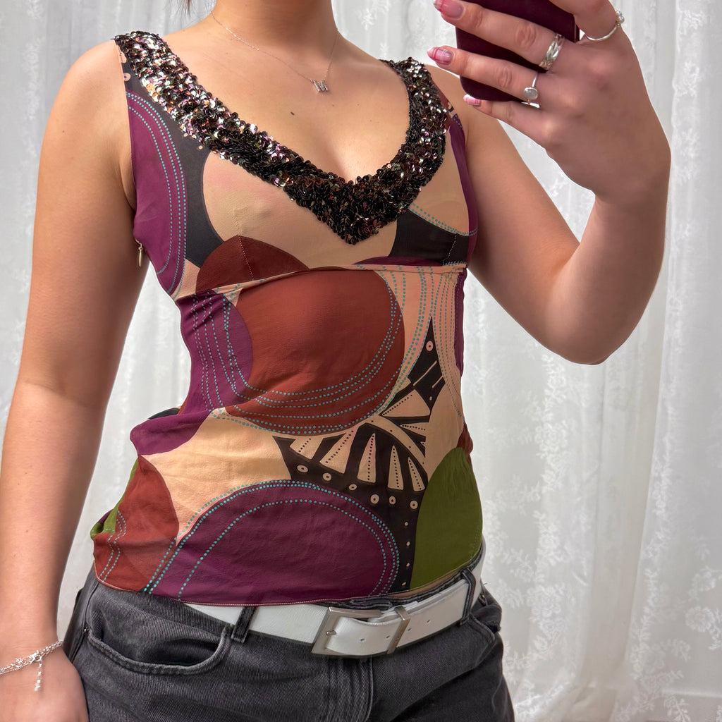 Multicoloured sequin mesh cami top