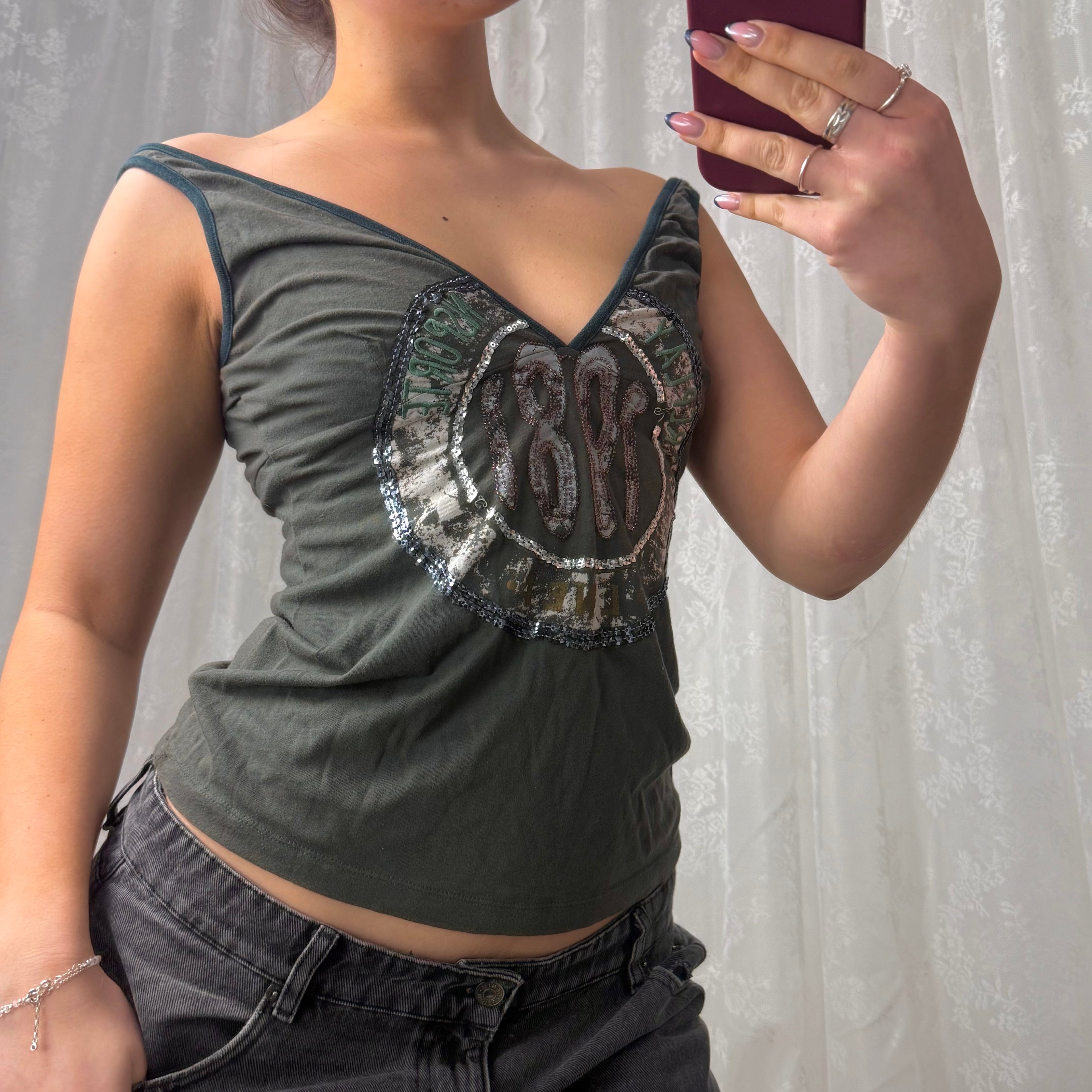 Green sequin off the shoulder top