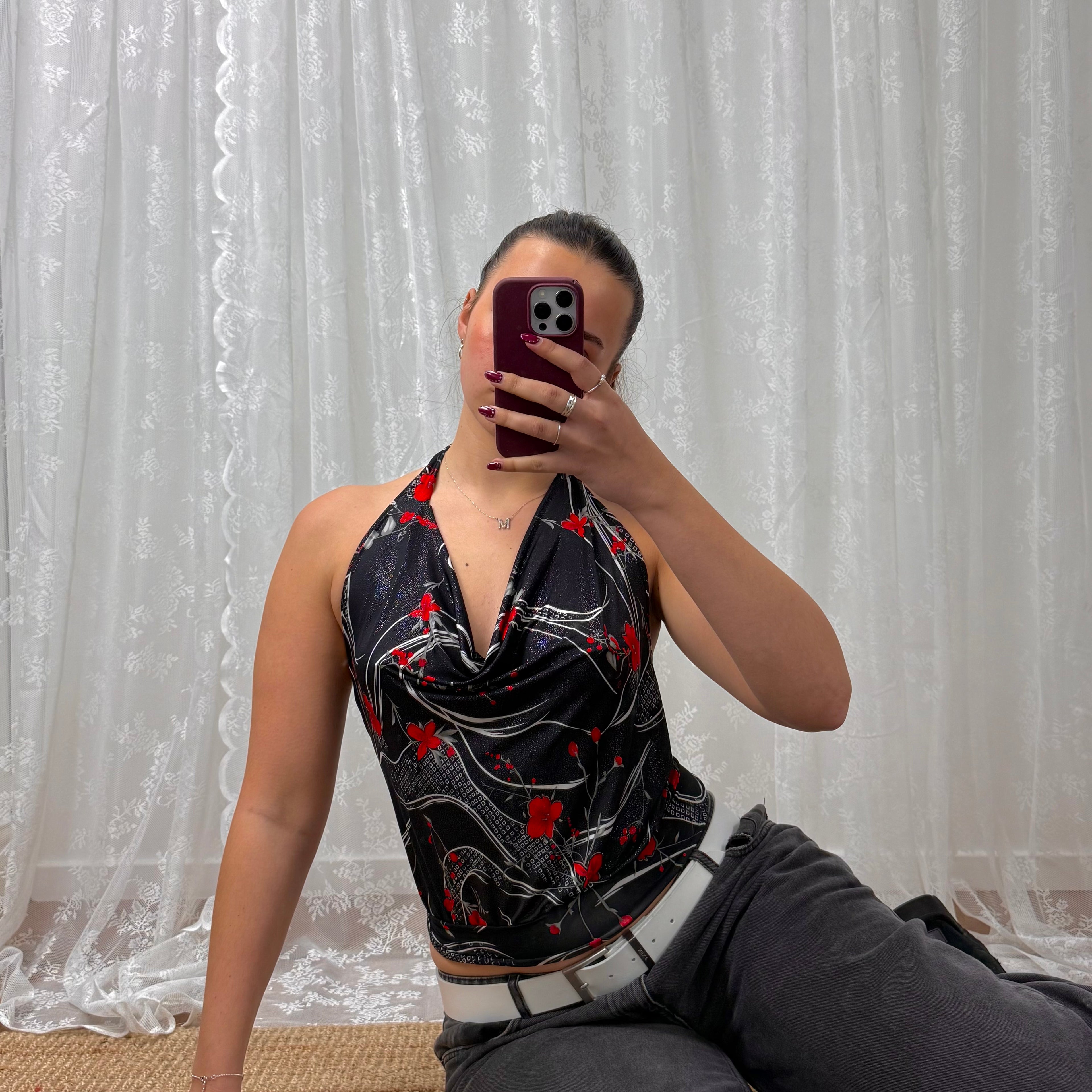 Black detailed cowl neck top