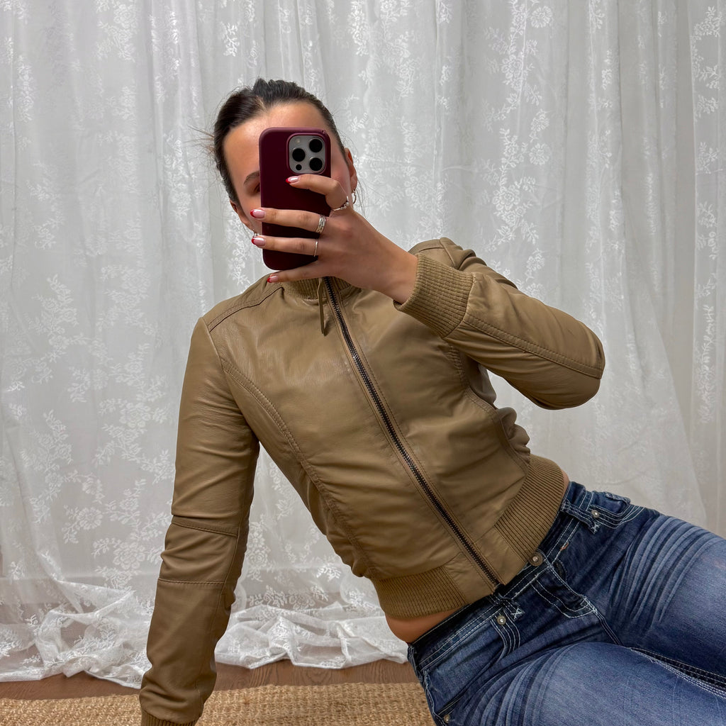 Beige leather bomber jacket