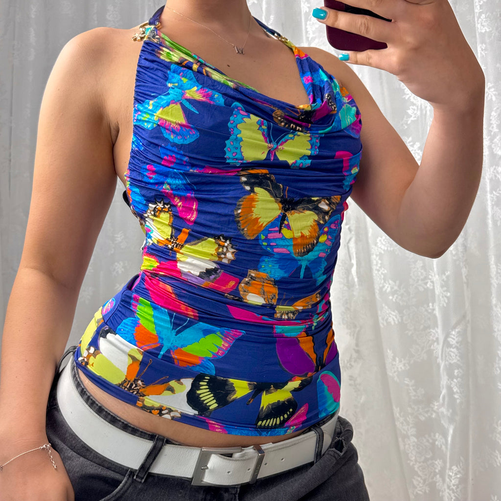 Butterfly slinky cowl neck top