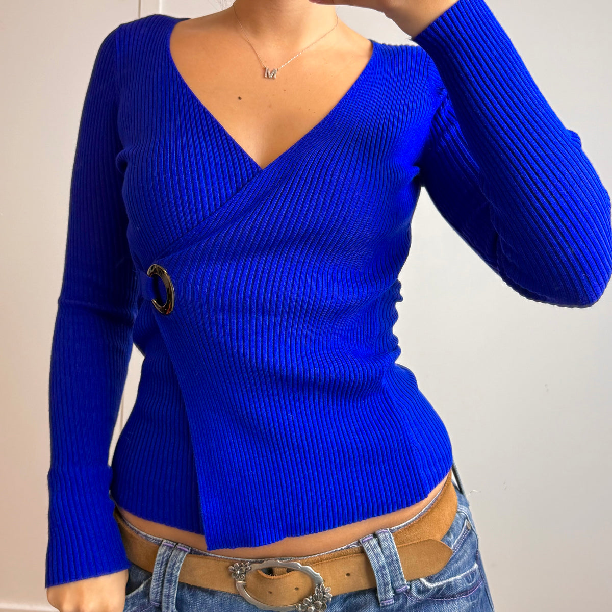 Royal blue wrap style long sleeved top