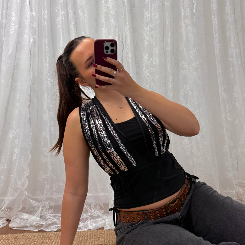 Black double layered glittery cowl neck top with tie around detail