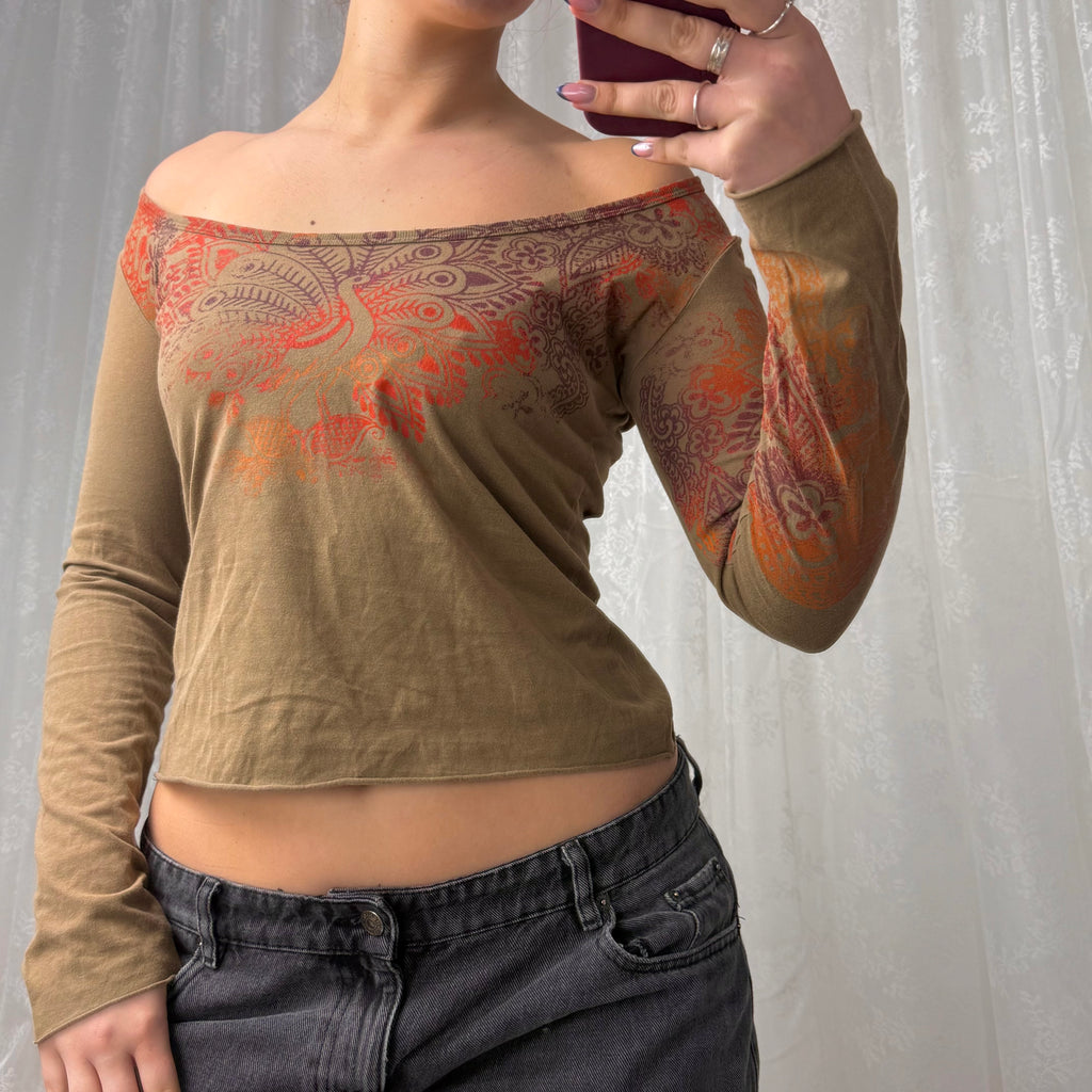 Khaki/brown GUESS patterned off the shoulder long sleeved top