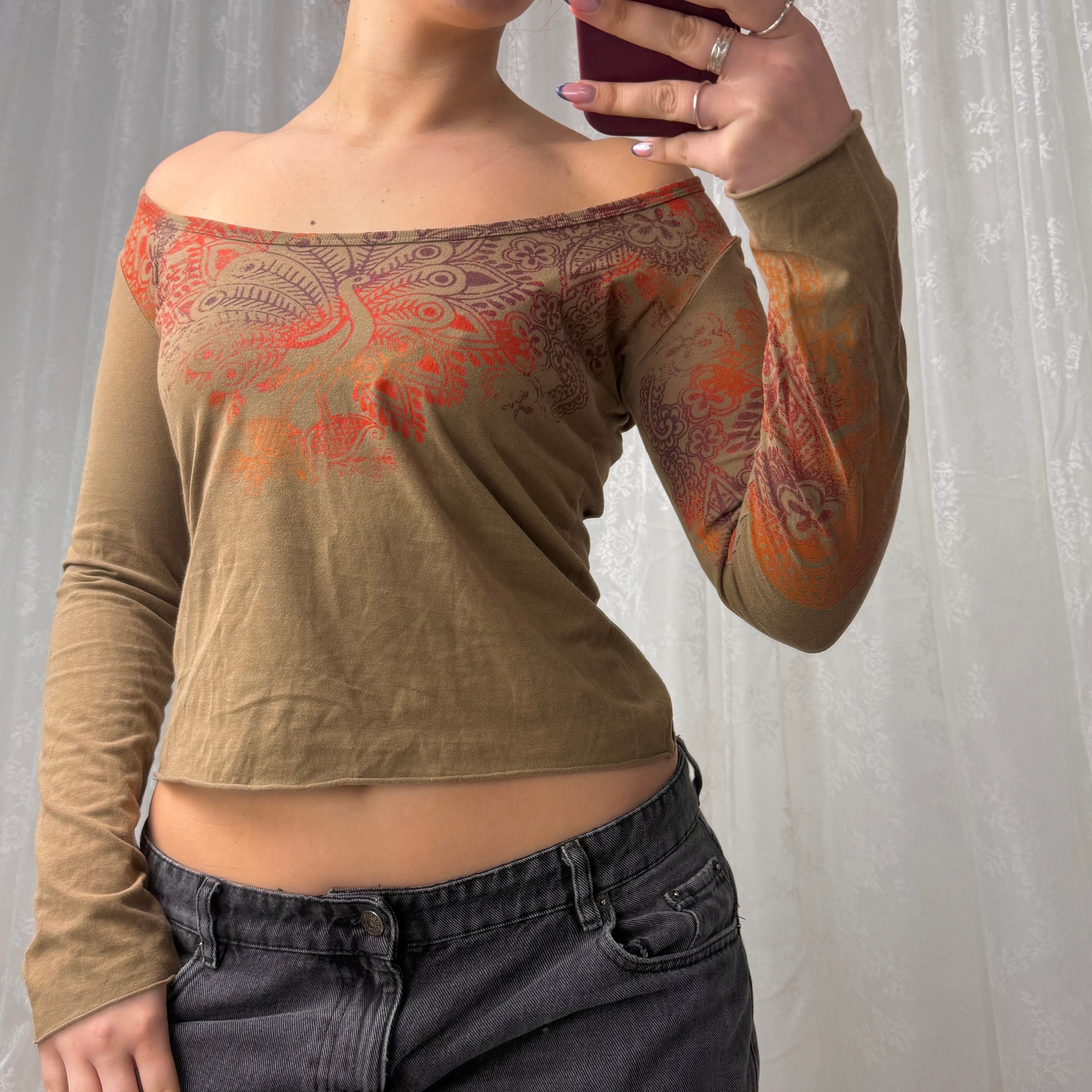 Khaki/brown GUESS patterned off the shoulder long sleeved top