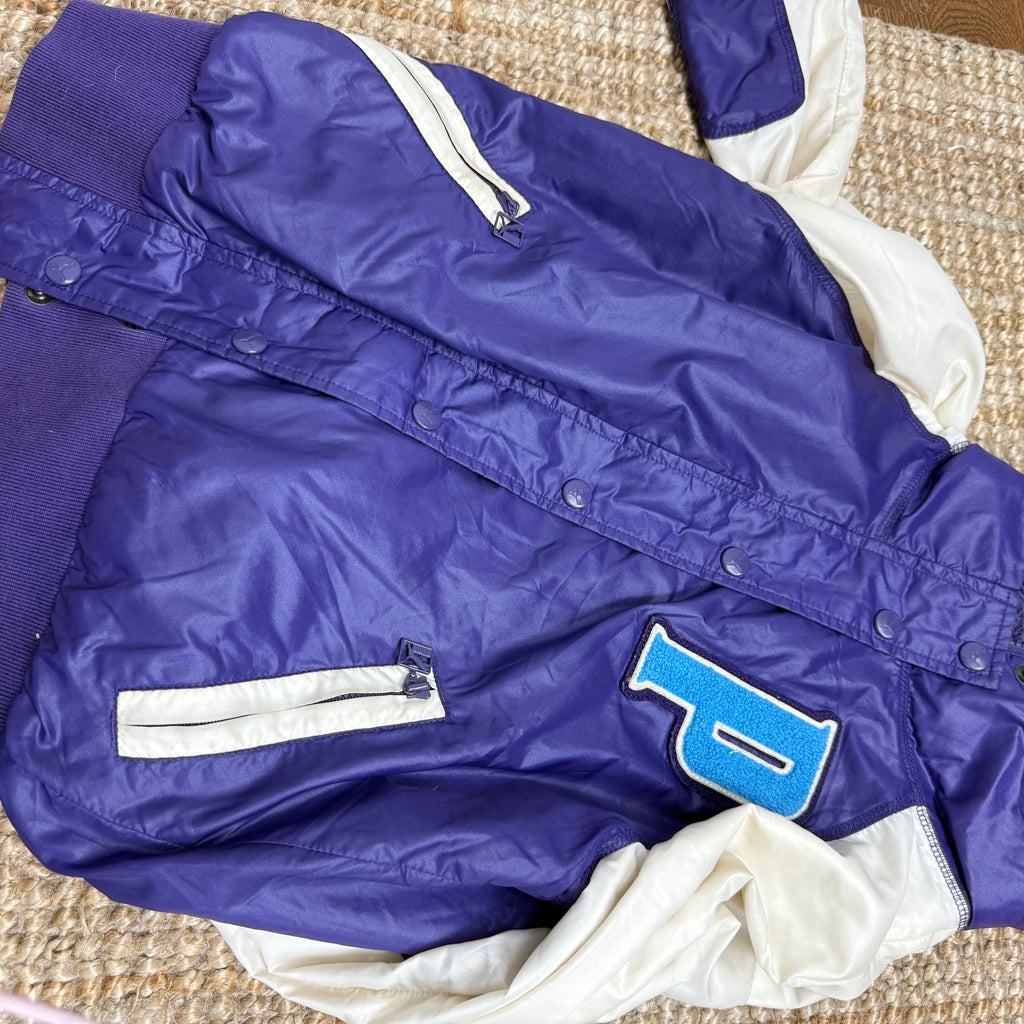 Purple and cream shiny bomber jacket