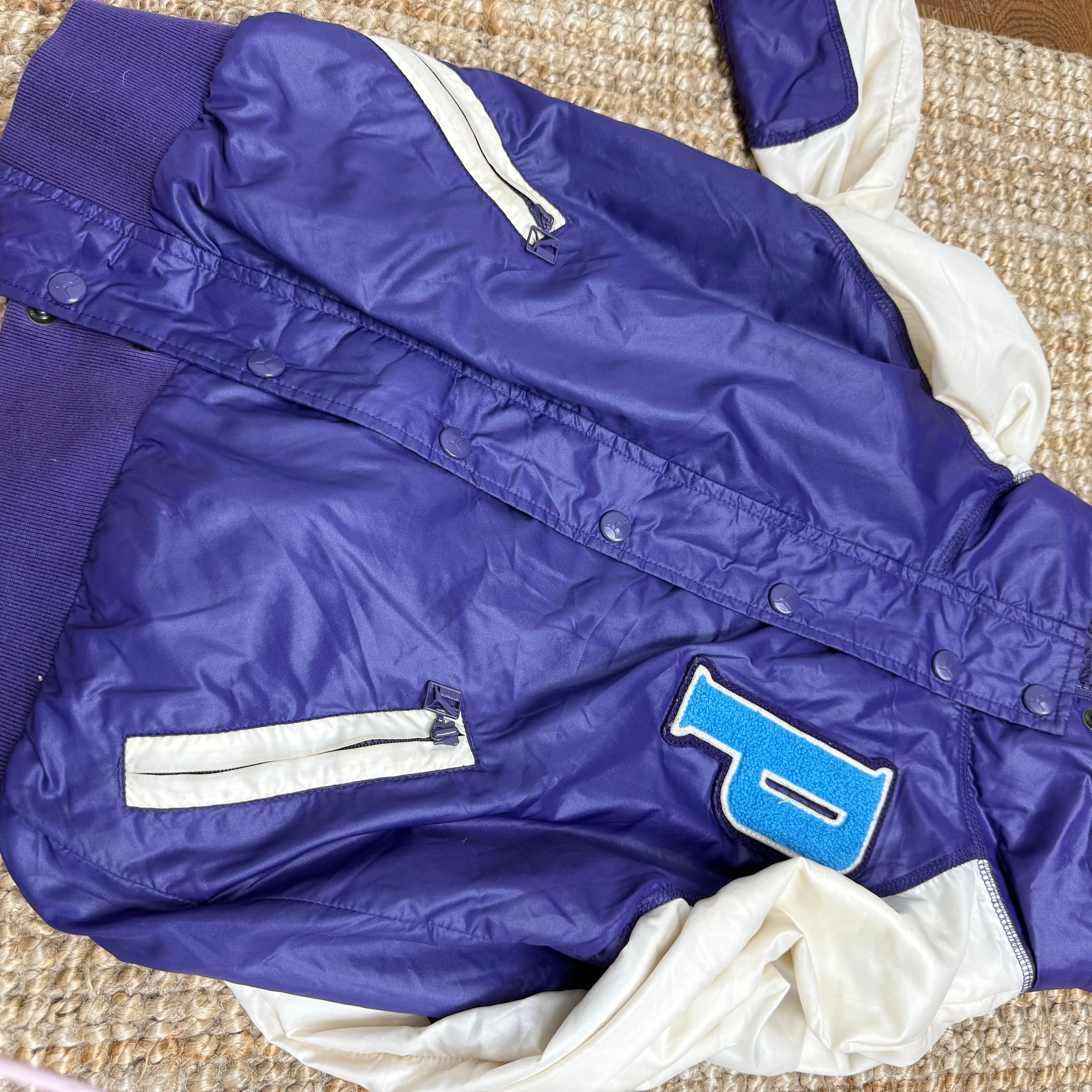 Purple and cream shiny bomber jacket