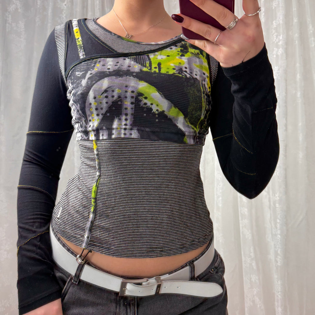 Grey and black long sleeved top with mesh and ruching