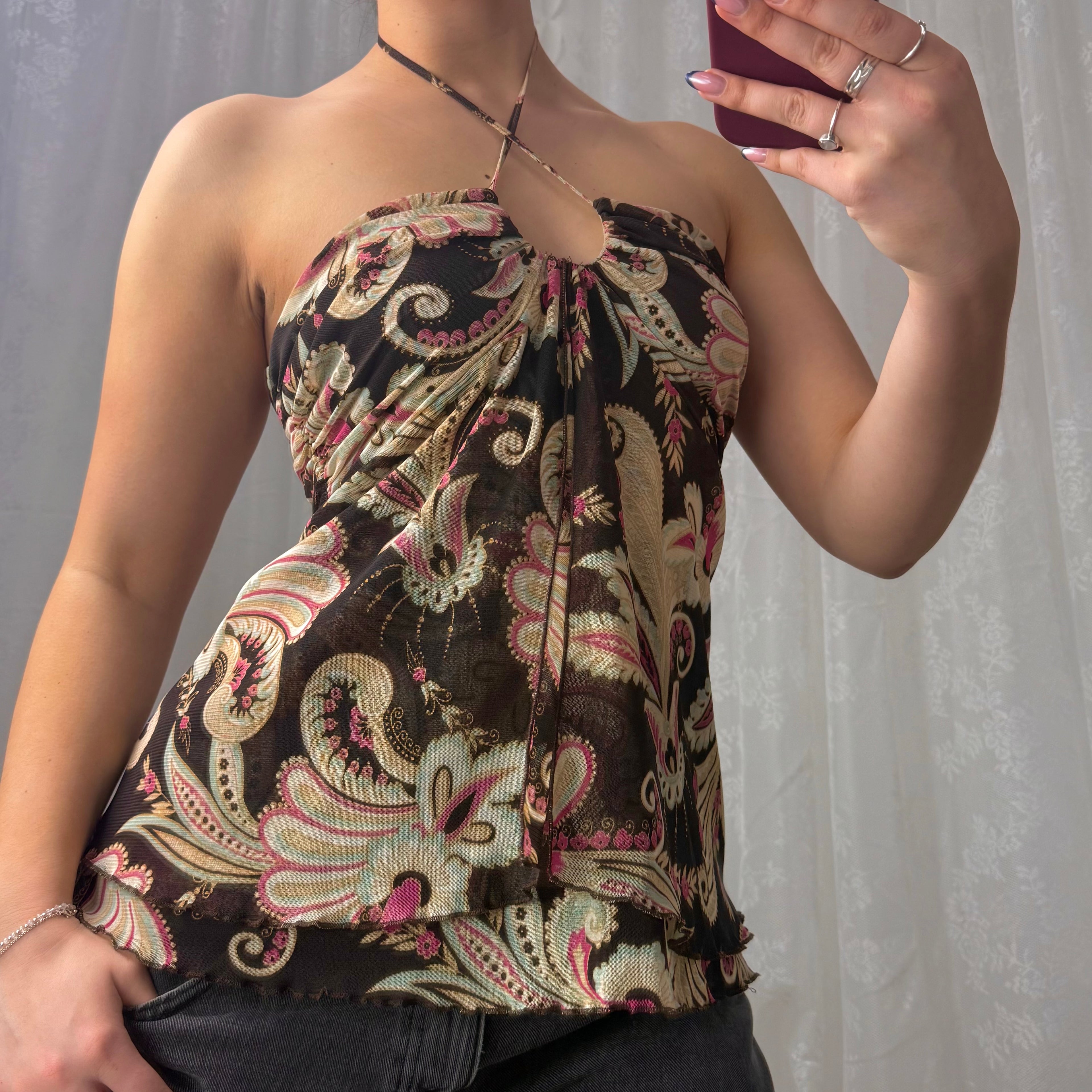Brown floaty patterned halterneck top