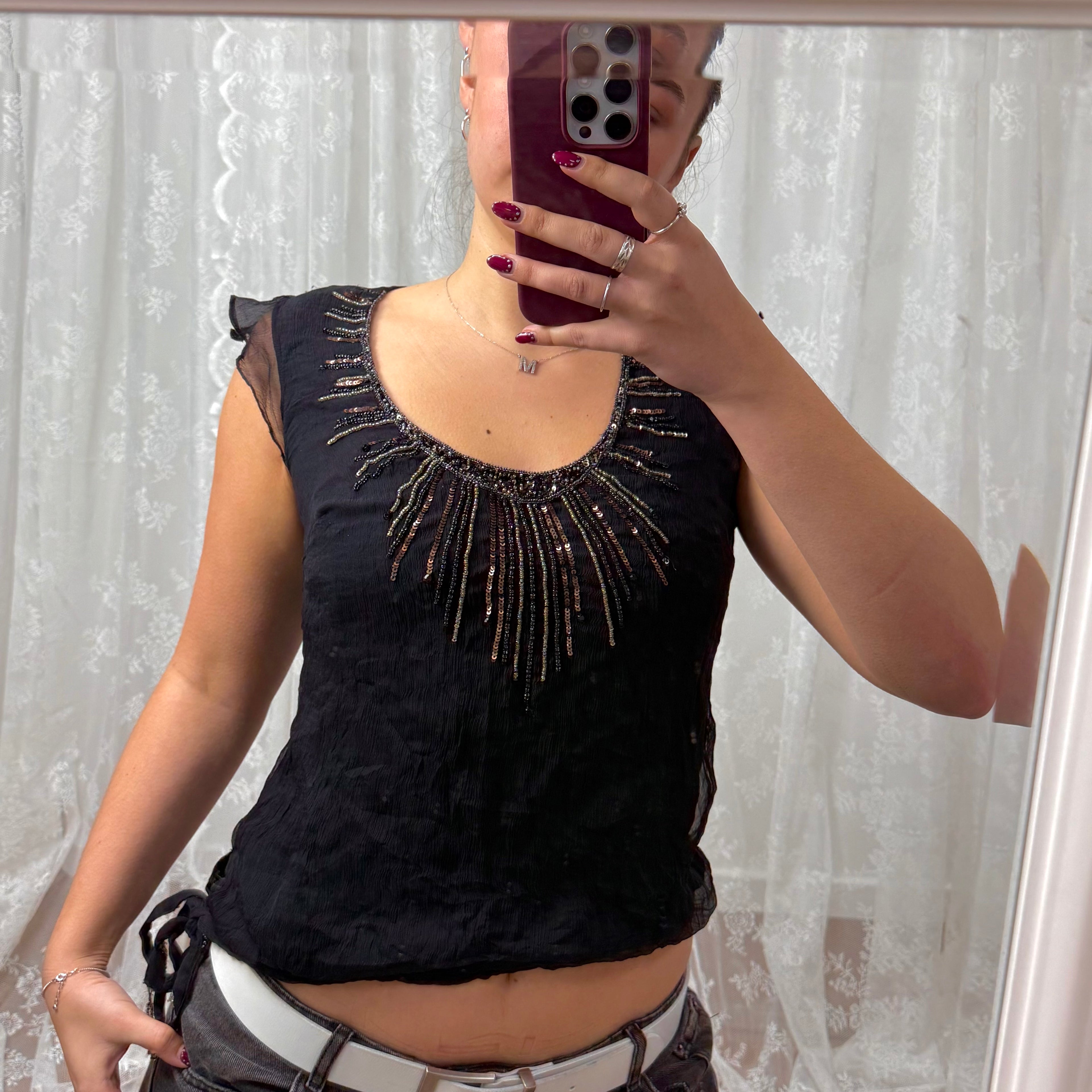 Black beaded chiffon top