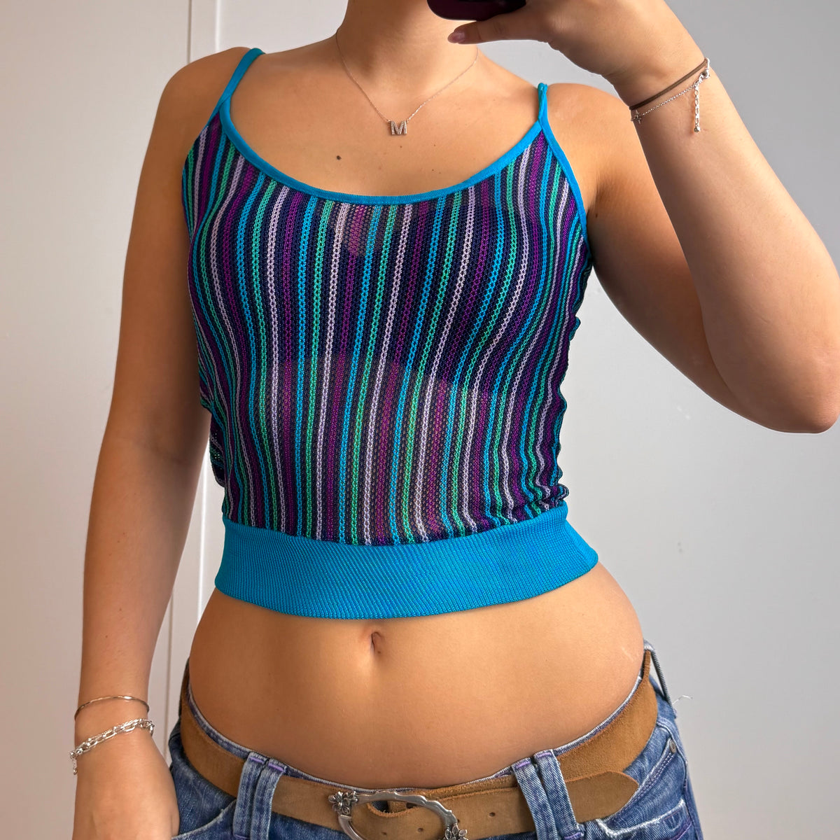 Blue striped mesh cami top