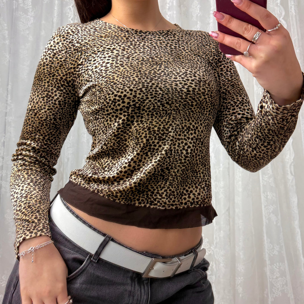 Leopard print velvet and mesh long sleeves top